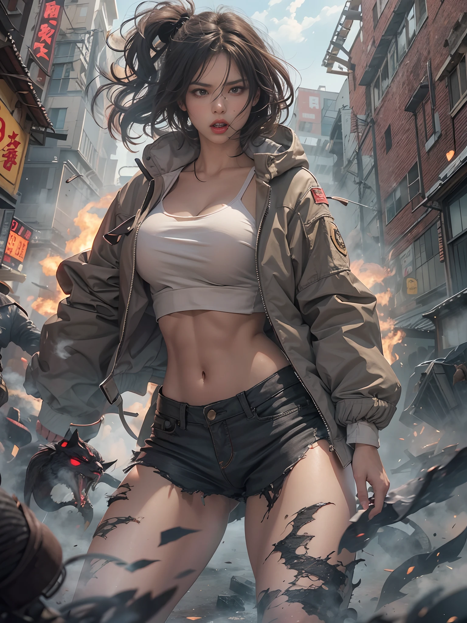 Giant Akari in crop top and jacket, Barefoot, a beauty girl、beautiful countenance、huge tit、beauty legs、well-muscled、athletic bodies, gts city, city buildings, Smoke coming from a broken building, Confront evil black smoke and assimilating monsters、Screaming and fighting、Fighting face、fighting poses