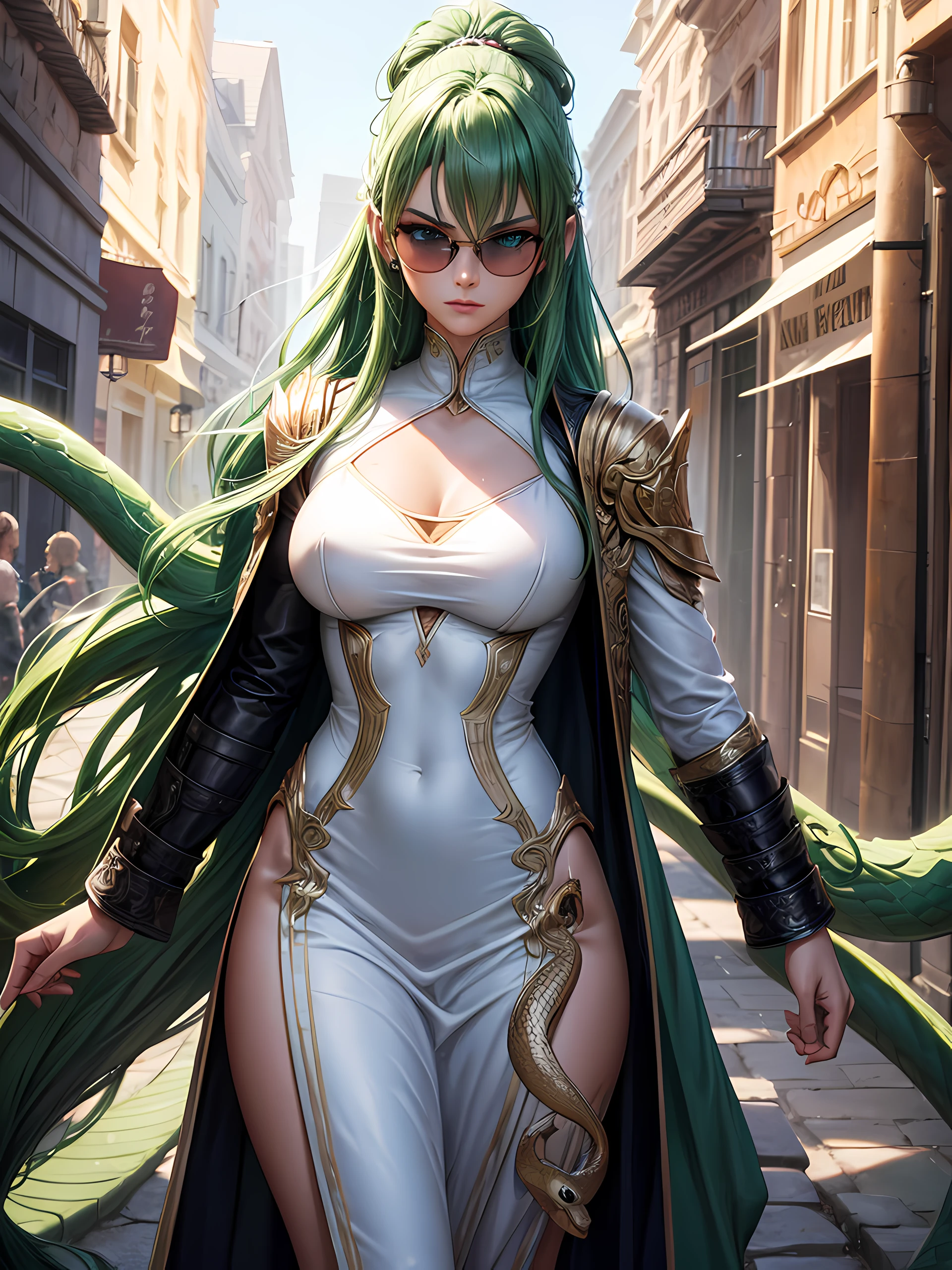 Top quality, Photorealistic, 8K, High Definition, absurd res, high res, ultra sharp, masterpiece, (masterpiece), best quality, expressive eyes, perfect face, Super eyes, masterpiece, highly detailed exquisite character art, epic fantasy digital art style, detailed digital 2d fantasy art, ultra-realistic, greek inspired, young femboy male, light green skin male, snake hair, sunglasses, snake eyes, scale jacket, white shirt, transparent dress, metallic, pecs, butt