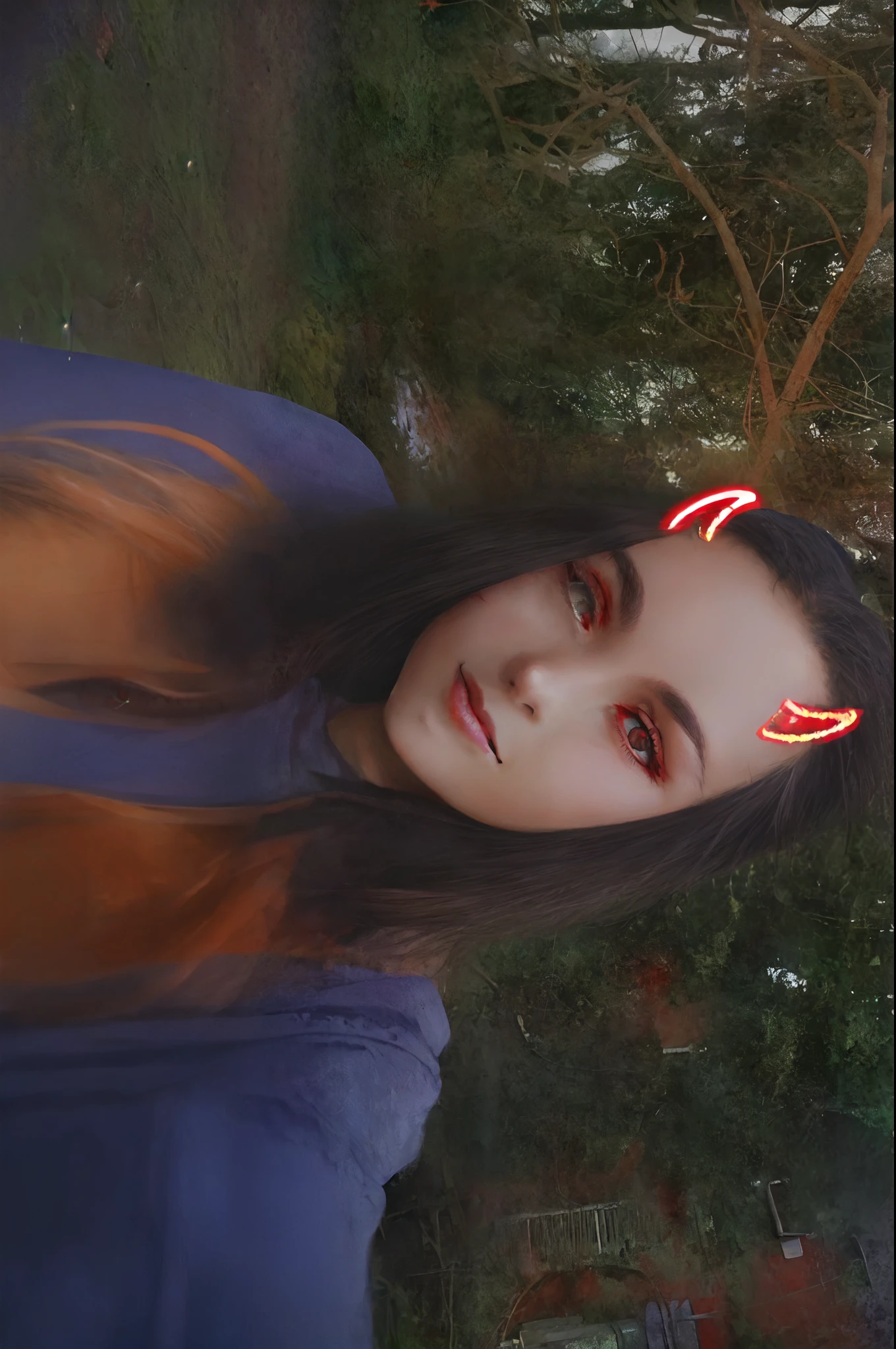 a woman , spooky filter, low quality photograph, with a spooky filter applied, very very low quality picture, with horns, ((red)) baggy eyes, low quality photo, horns and red eyes, low quality grainy, with red glowing eyes, creepy vibe, scratches on photo, red glowing eyes