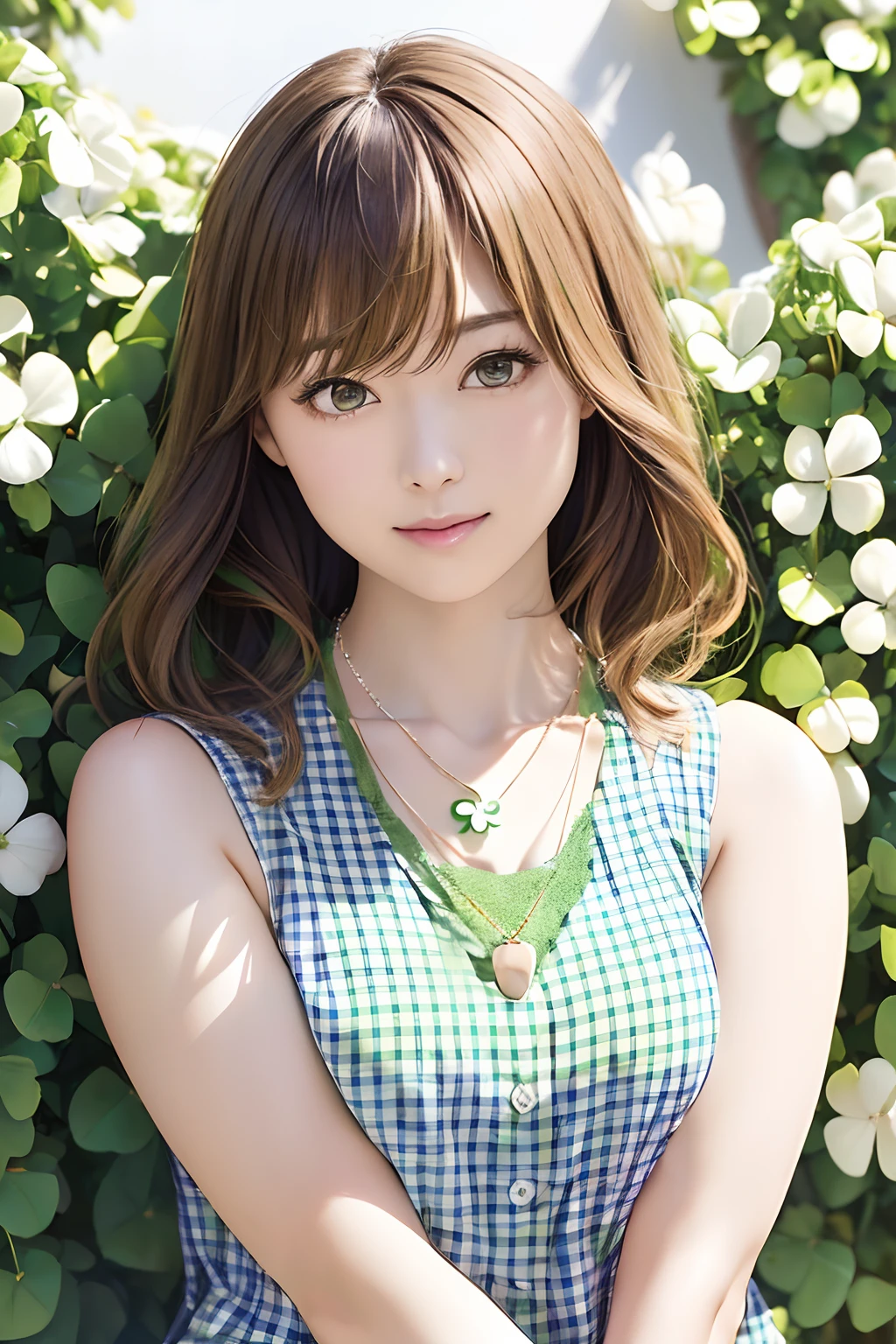 The upper part of the body、Sun slightly above the head、an oil painting、​masterpiece、top-quality、hight resolution、Pitch black background、(((Blonde medium hair)))、(((White and green gingham plaid shirt)))、White and green sleeveless shirt、(((Clothes with an open neck)))、(((Arms folded in front of the chest)))、(((white and green clothing)))、(((You can see the chest)))、Straight face、(((25 years old women１a person)))、(((Clover Necklace)))、(((Arms in front of the body)))