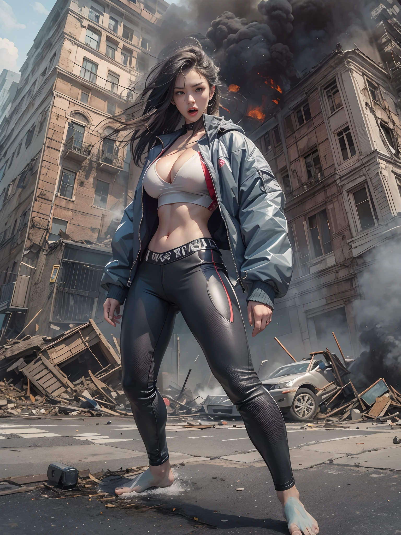 Giant Akari in crop top and jacket, Barefoot, a beauty girl、beautiful countenance、huge tit、beauty legs、well-muscled、athletic bodies, gts city, city buildings, Smoke coming from a broken building, Confront evil black smoke and assimilating monsters、Screaming and fighting、Fighting face、fighting poses