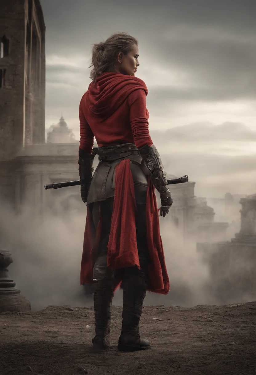 (Female Ninja Cruel Mech: 1.3, Full Body Covered Mech, Heavy AWP on Back, DSLR, Light Tracing, 3D, Concept Art, Action Painting, Film Lighting, Chiaroscuro) :(1.3). Highlighting the curve of the chest, the long white ponytail hair looks graceful and attractive. Masterpiece-like 8K resolution, (Murderous Death and Fear): 0.5, long red scarf fluttering in the wind, war-torn city as a backdrop.