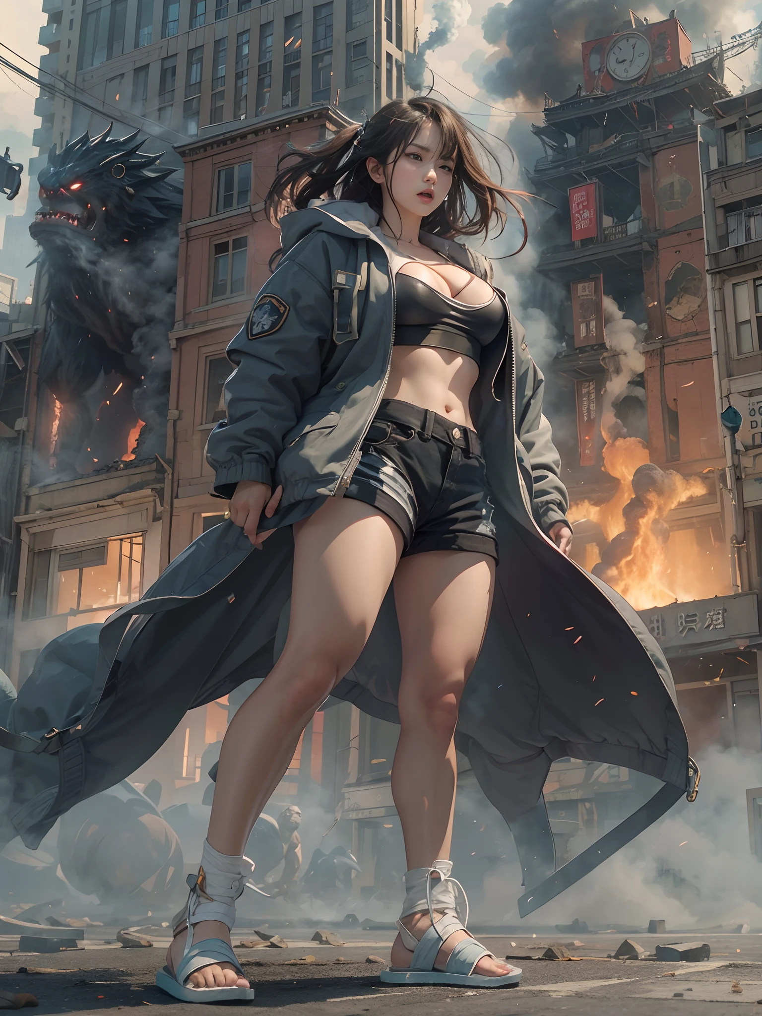 Giant Akari in crop top and jacket, Barefoot, a beauty girl、beautiful countenance、huge tit、beauty legs、well-muscled、athletic bodies, gts city, city buildings, Smoke coming from a broken building, Confront evil black smoke and assimilating monsters、Screaming and fighting、Fighting face、fighting poses