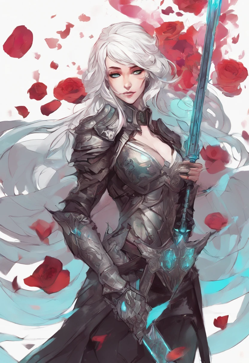 Female Human with light skin and white hair, princess, dark light armour with cleavage, light cyan eyes, rpg character, dark sword on back, rose petals border, whimsical, visually rich, bits of color, ink lines, high resolution