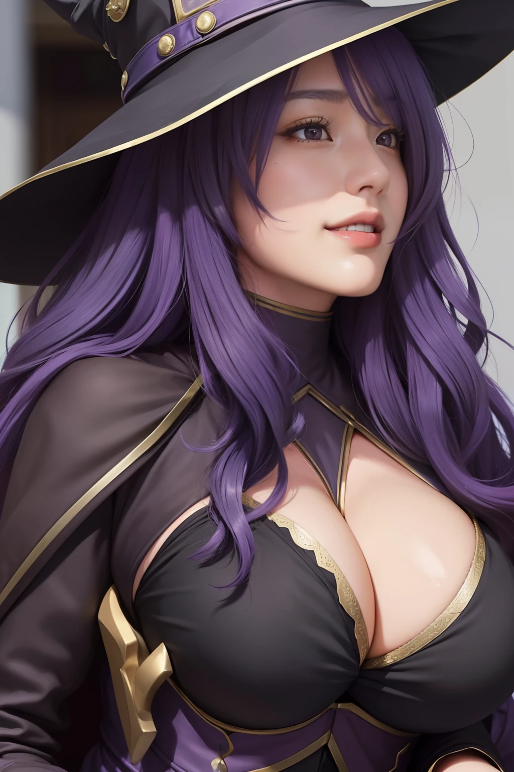 zoom on face, portrait, close up portrait, profile shot, beautiful, elegantly pose, film grain, wearing a witch hat, wearing a witch costume, wearing a witch clothes, Purple eyes, purple hair, hair over one eye, hair hiding one eye, seductive smile, cute smile, wearing a steampunk mummy costume, seductive smile, huge breasts,huge oppai, huge tits, abs, girly hips, thick thighs, gigachad thighs, looking at the viewer