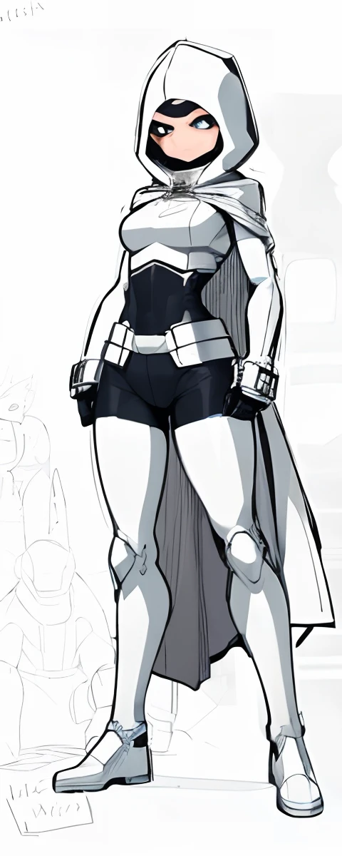 My Hero Academia Style, Female, Medium Breast, Wide Hips, Wide Thighs, Hero Costume, Full Body Suit, Black Suit with White Armor, White Hooded Cloak, Hooded Cape, Hood Up, White Hood, Head Covered, helmet, Face covered, mask, white mask, Perfect anatomy, super detailed, Perfect hands,