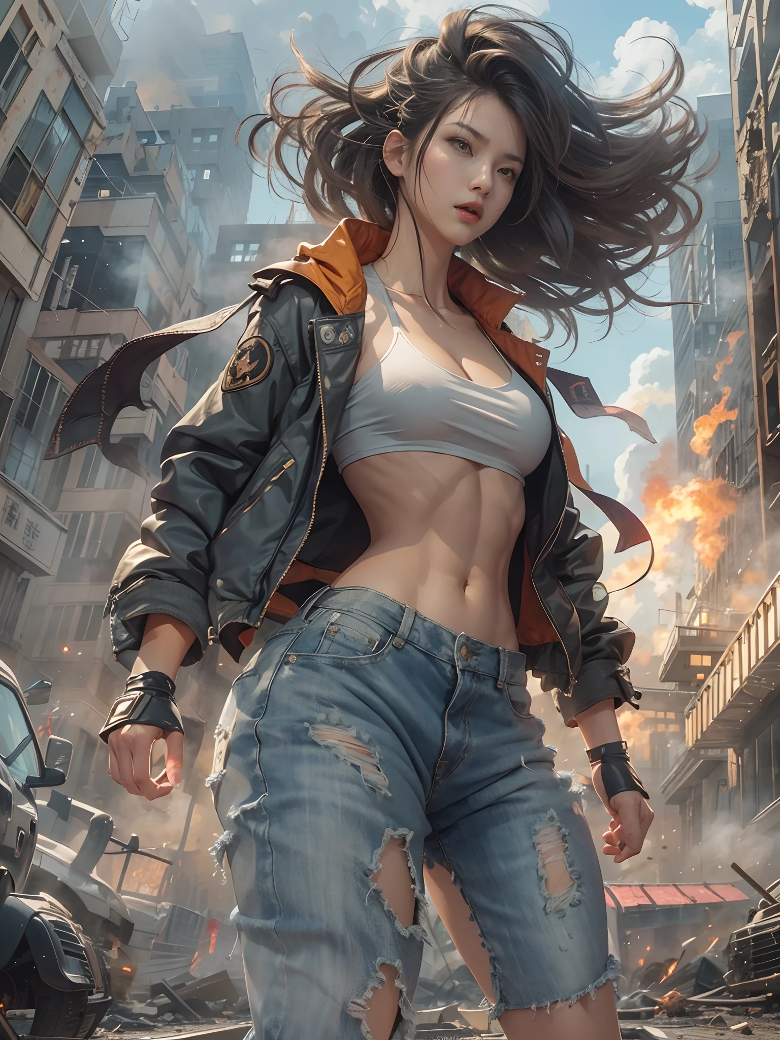 Giant woman, destroying a city, torn clothes