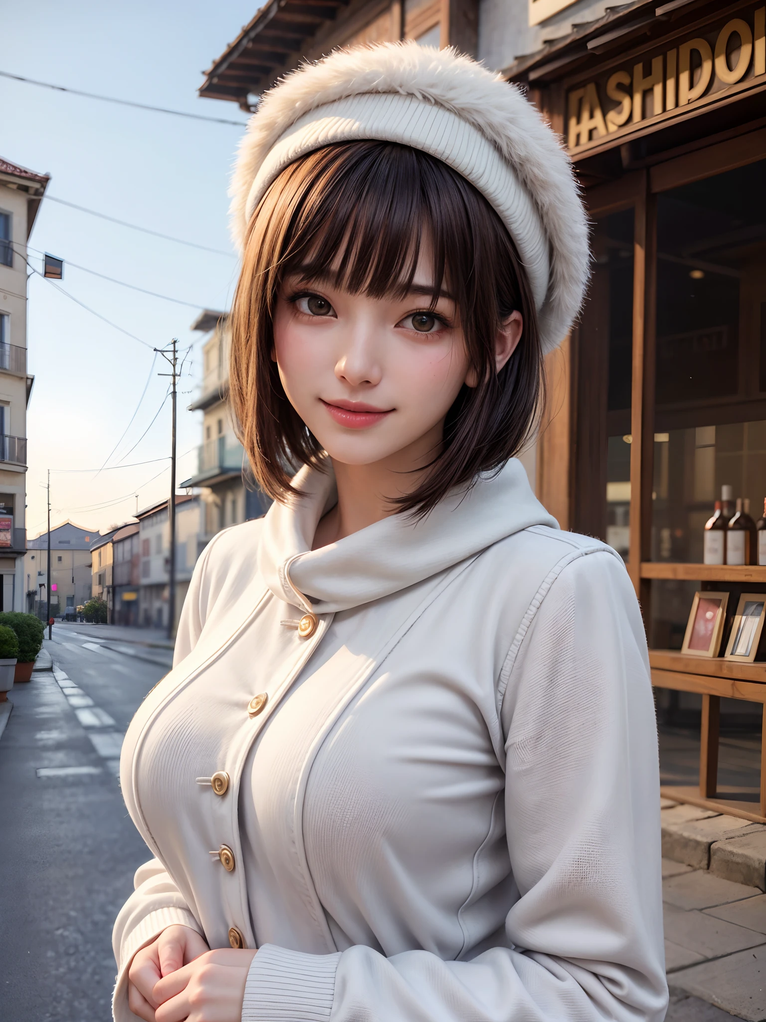 (masterpiece, top-quality、Very attractive adult beauty、Add intense highlights to the eyes),1girl in, 独奏, A dark-haired, scarf, Hats,, realisitic, looking at the viewers, black eyes of light color, shorth hair, coat, Winter clothes, White headscarf, s lips, lipgloss,bangss,, a closed mouth, The upper part of the body、big eye、Lashes、((Road system in Italy))、((Shorthair with bangs、big eye、Put very strong highlights in your students、very Bigger breasts、gazing at viewer、Very beautiful beauty、Put your ears out、long neck、little smiling、Close your mouth and smile)))、28 year old、Very cute supermodel