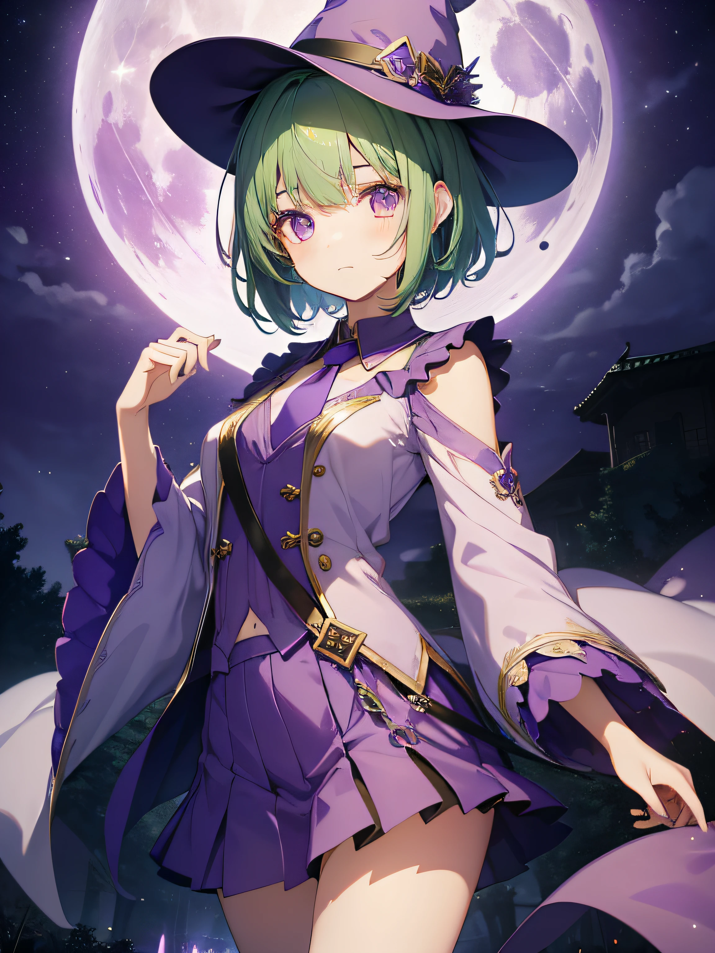 top-quality、extremely delicate and beautiful、(A  girl)、Purple Eye、Green hair、short-haired、(purple witch hat)、Purple tie、Soio、shortsleeves、Purple skirt、Purple Wizard Robe、Navel、is standing、Full moon night on background