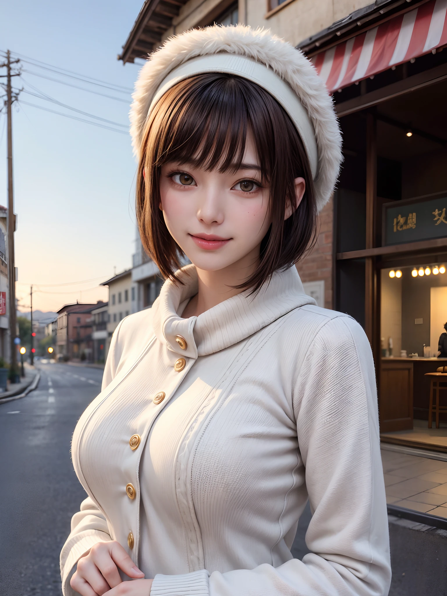 (Hyper-realistic), (a picture), (high resolution), (in 8K), (high detailed), (Best Illustration), (Beautiful detailed eyes), (Beautiful detailed face), (top-quality), (ultra-detailed), (masterpiece), (blonde hair), (short hair), (bangs:1.4), (blue eyes), (1girl), (Shiny skin), (standing), Cameltoe, (smile), (belted skirt:1.2), (black tight skirt:1.2), (white turtleneck sweater:1.2), (white sweater:1.2), (a bar counter, shop front:1.4), (blurry background), (sagging breasts:1.4), (gigantic breasts:1.6), (covered nipples:1.2), (covered breasts:1.4), (from above:1.4), (fishnet pantyhose)