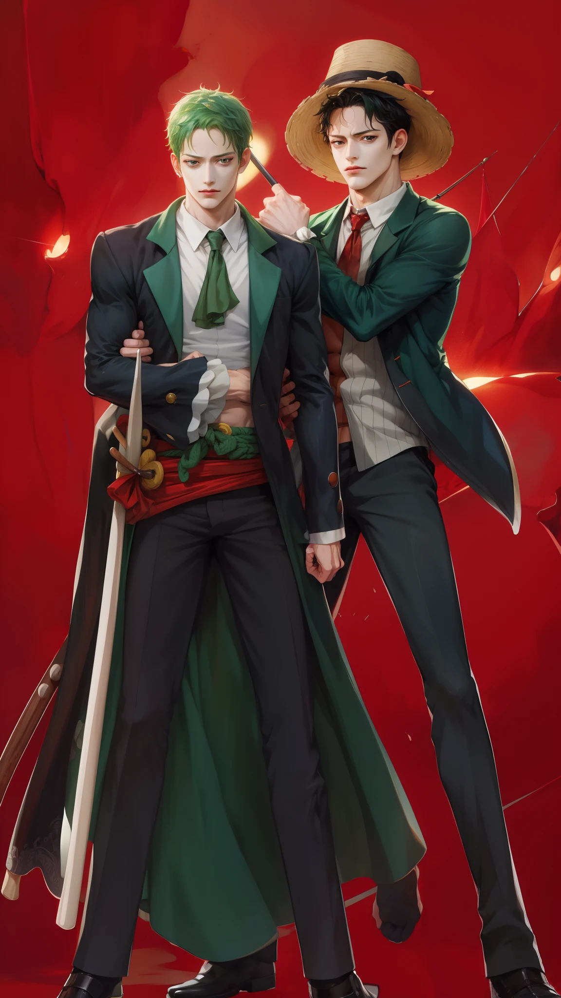 (absurdres, highres, ultra detailed), face luffi one piece hug zoro one piece (((multiple boys))), mature, love, hug, upper body, black hair and green hair, brown open eyes