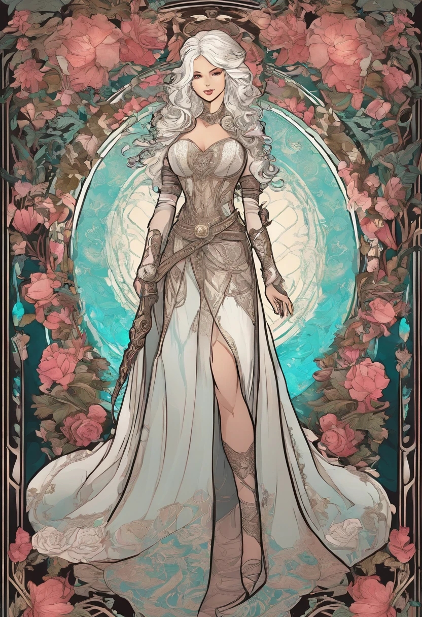 Female Human with light skin and white hair, princess, dark light armour with cleavage, light cyan eyes, rpg character, dark sword on back, rose petals border, whimsical, visually rich, bits of color, ink lines, high resolution