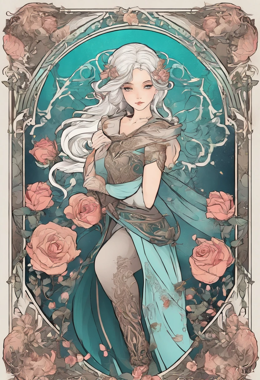 Female Human with light skin and white hair, princess, dark light armour with cleavage, light cyan eyes, rpg character, dark sword on back, rose petals border, whimsical, visually rich, bits of color, ink lines, high resolution