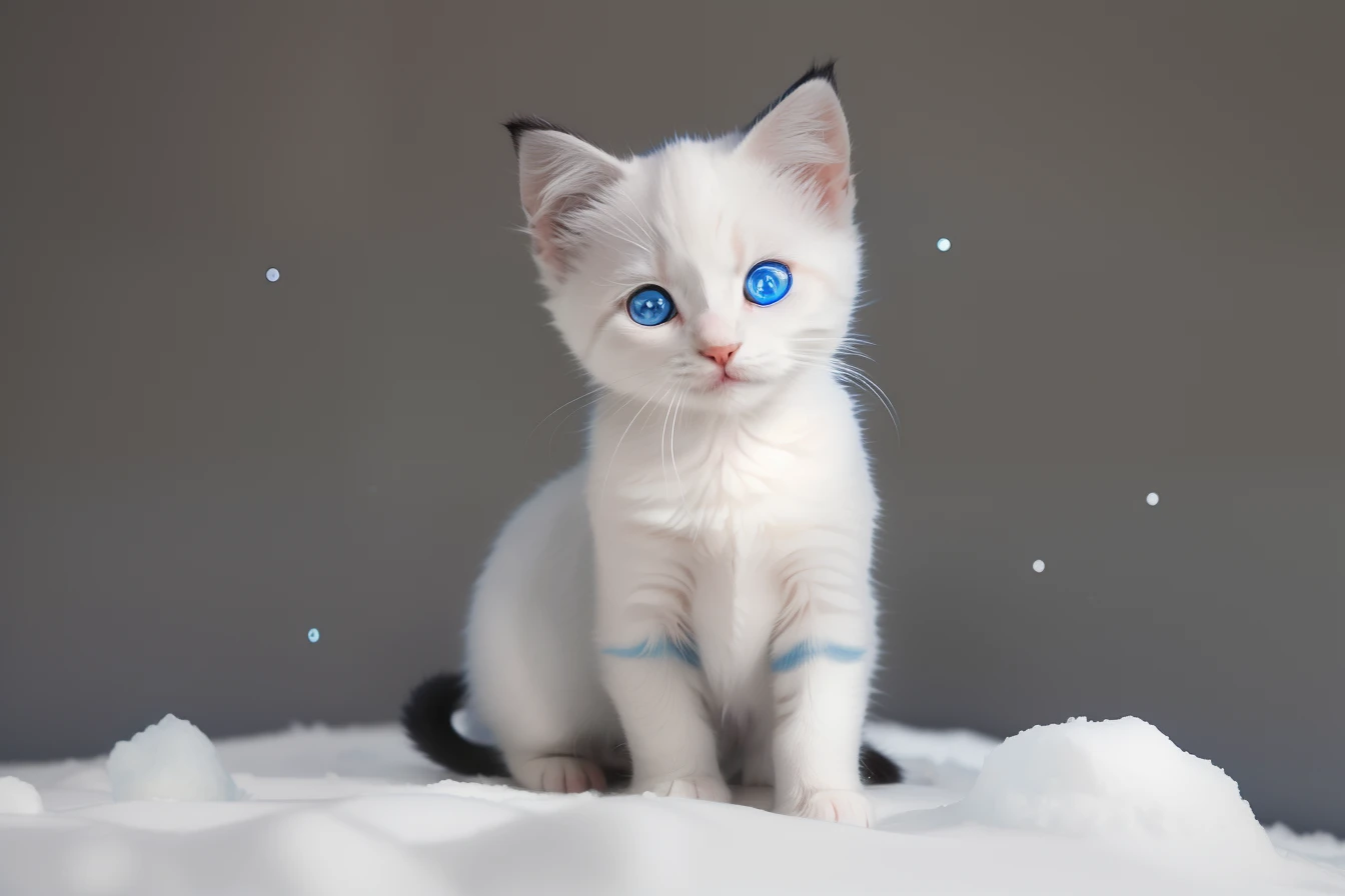 there is a small kitten sitting on a pile of white snow, small blue eyes, has two adorable blue eyes, an adorable kitten, pale blue eyes!, cute kitten, with cute doting eyes, cute cat, with blue eyes, a cute cat, blue-eyed, cute cat photo, beautiful blue - eyes, with blue eyes!!!!, blue eyes!