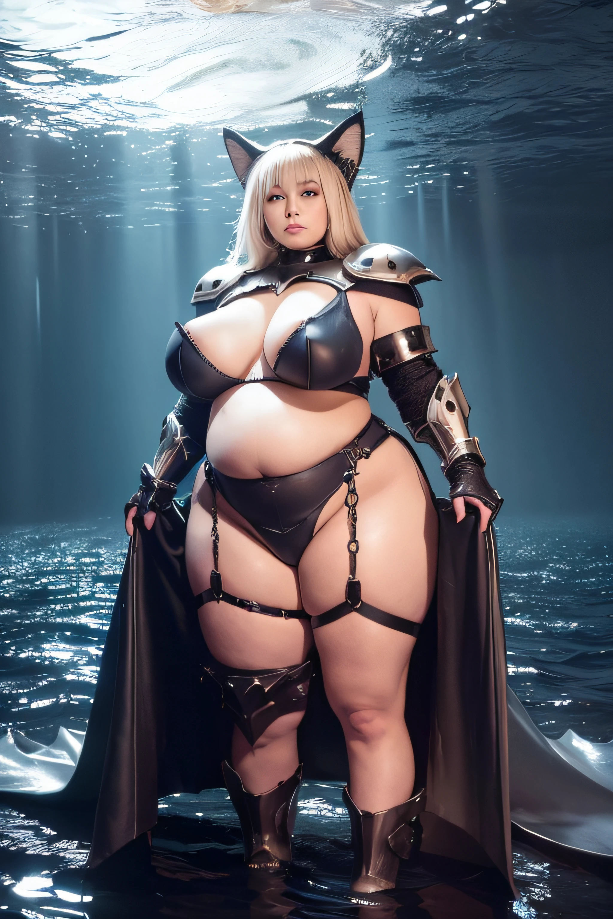 Woman in steel armor on neck and waist, cat ear, The big tail of a fox, Blonde Woman, beautiful thick female, ((abyssal, under the water, darkness)), Dark blue atmosphere, Dark Blue Eyeshadow, Dark lips, Standing, Pregnant women, Incredibly large, very plump body, seductively looking in front,