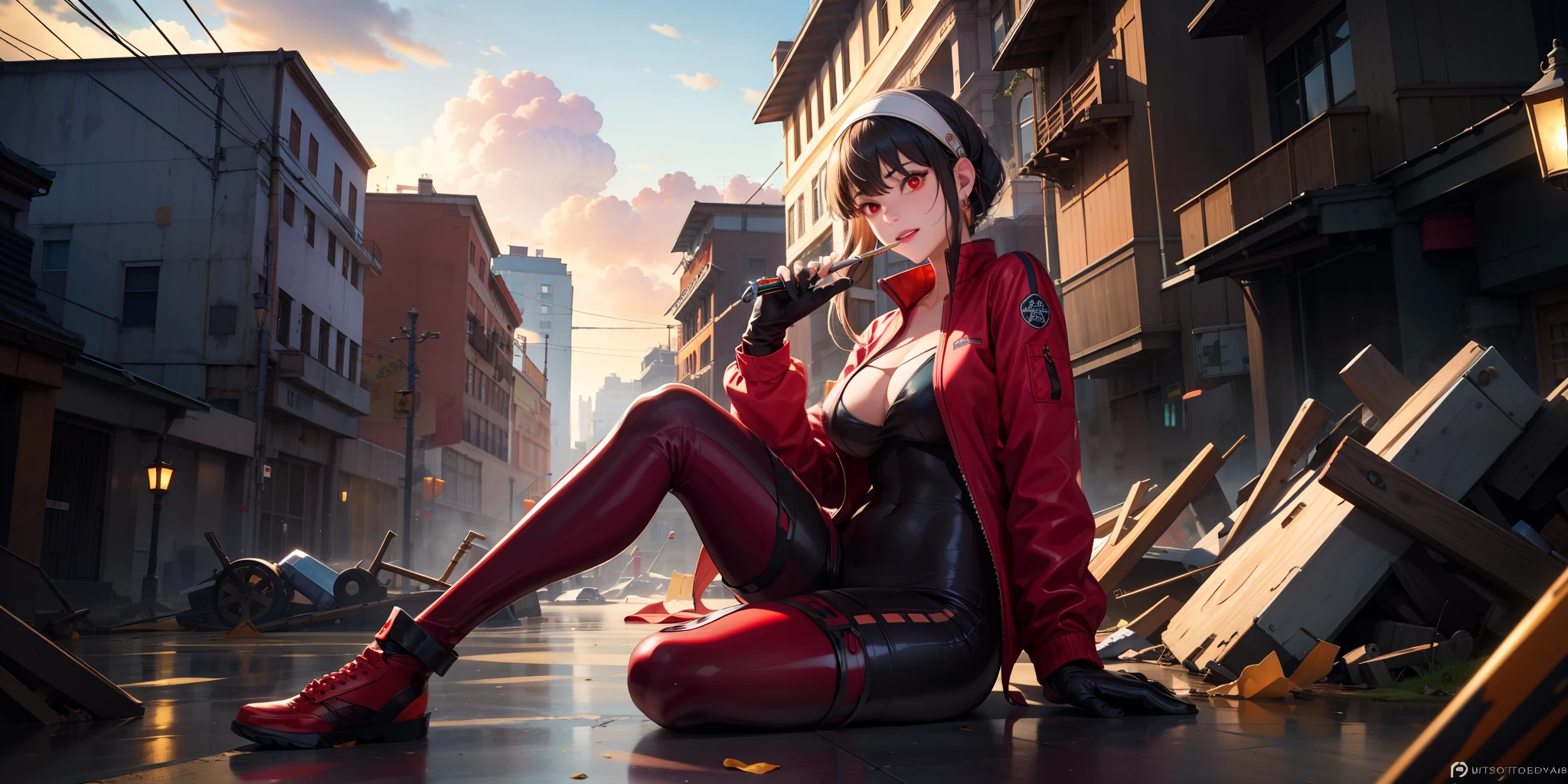 bbyorf, short hair with long locks, white hairband, red eyes, gold earrings, large breasts, masterpiece, best quality, (highres:1.4), (sagging breasts:1.4), hollow eyes, sweating, smirk, upper teeth, looking at viewer, 1girl, bodysuit, solo, breasts, plugsuit, ruins, power_lines, outdoors, looking_at_viewer, tape, medium_breasts, cloud, sitting, full_body, red_bodysuit, track_jacket, sky, single_vertical_stripe, building, gloves, torn_clothes, unzipped, glow effects, godrays, Hand drawn, render, 8k, octane render, cinema 4d, blender, dark, atmospheric 4k ultra detailed, cinematic, Sharp focus, big depth of field, Masterpiece, colors, 3d octane render, 4k, concept art, trending on artstation, hyperrealistic, Vivid colors, extremely detailed CG unity 8k wallpaper, trending on CGSociety, Intricate, High Detail, dramatic, holding chain,