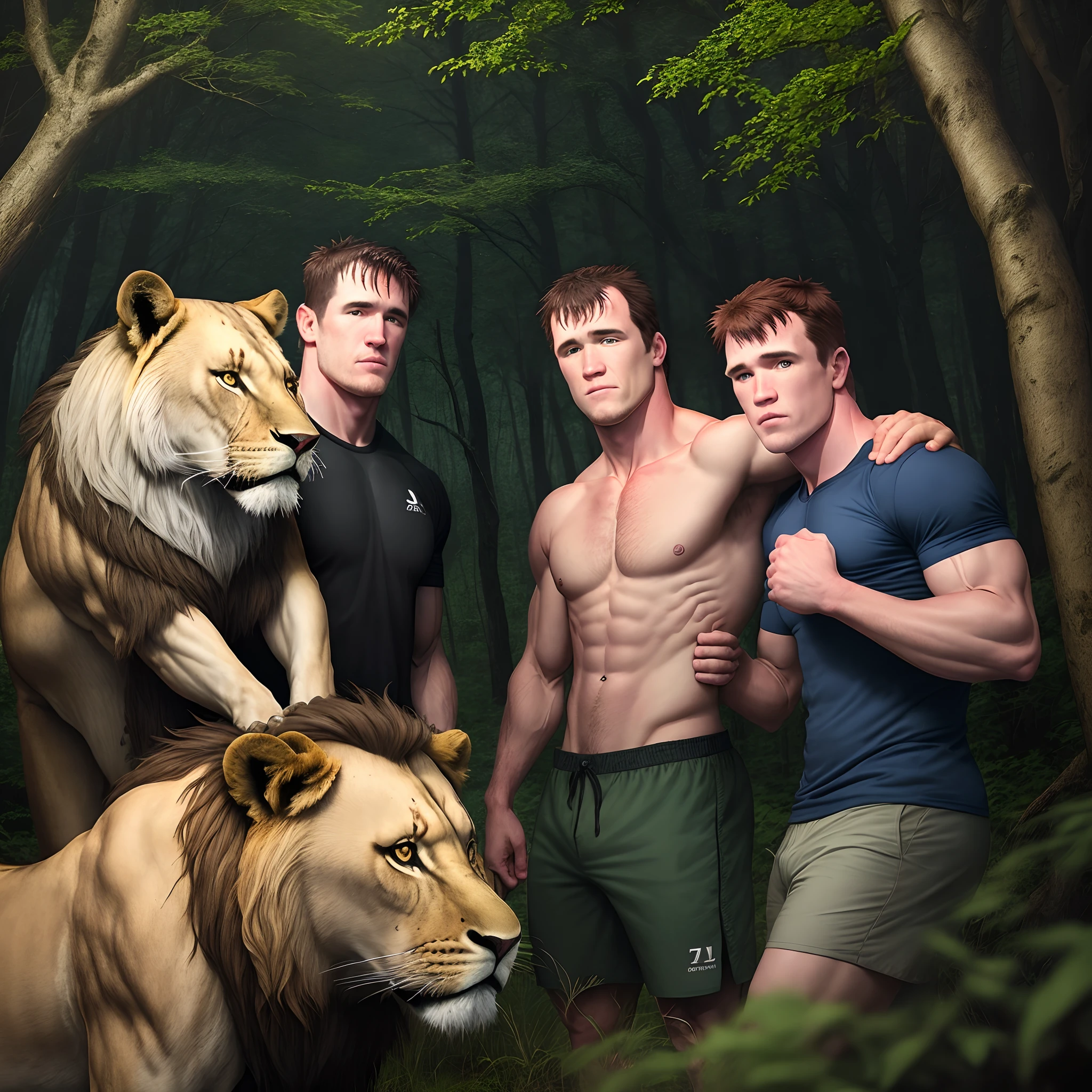nate diaz and chael sonnen taking a picture in the woods at night with a lion
