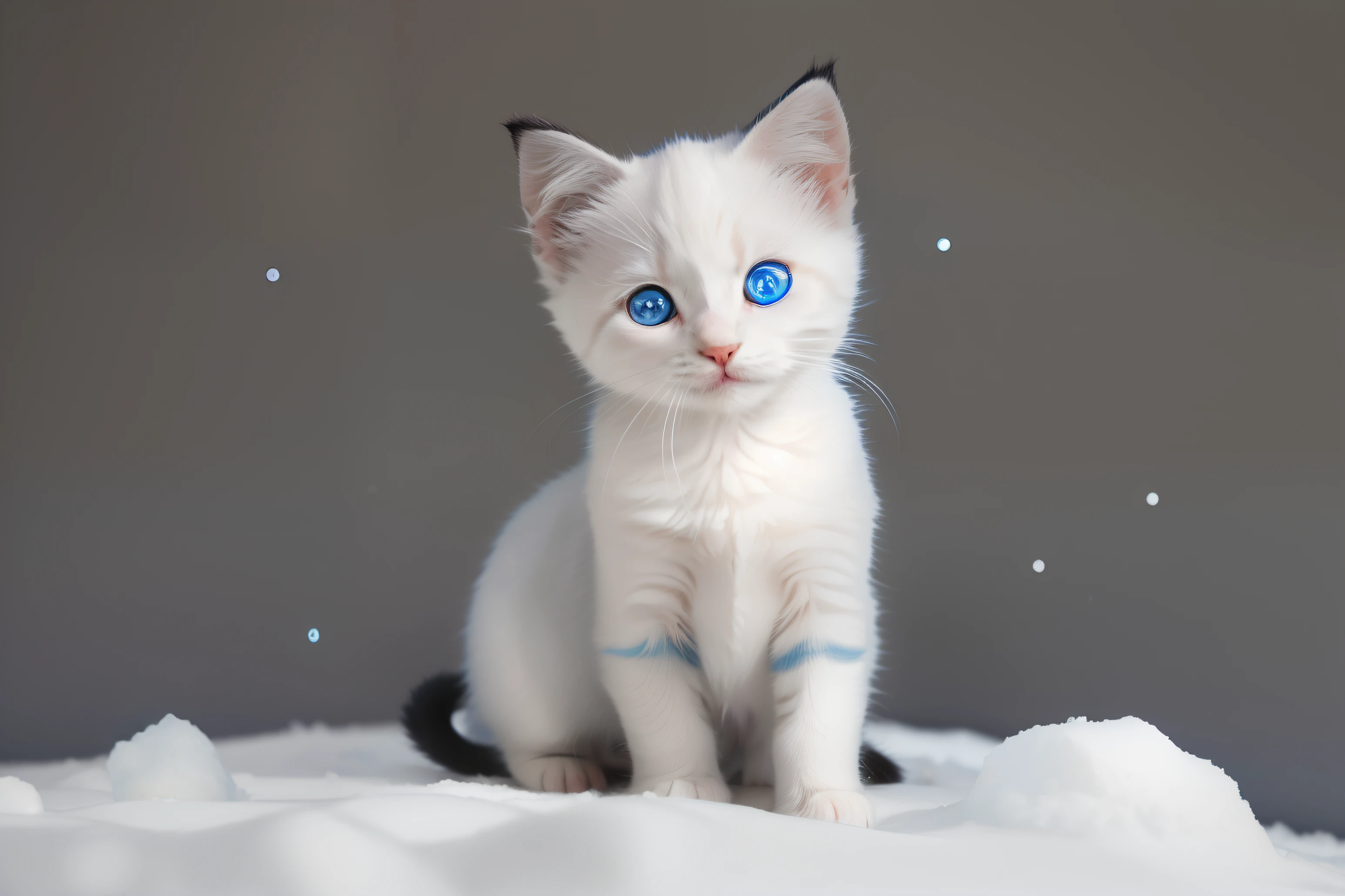 there is a small kitten sitting on a pile of white snow, small blue eyes, has two adorable blue eyes, an adorable kitten, pale blue eyes!, cute kitten, with cute doting eyes, cute cat, with blue eyes, a cute cat, blue-eyed, cute cat photo, beautiful blue - eyes, with blue eyes!!!!, blue eyes!