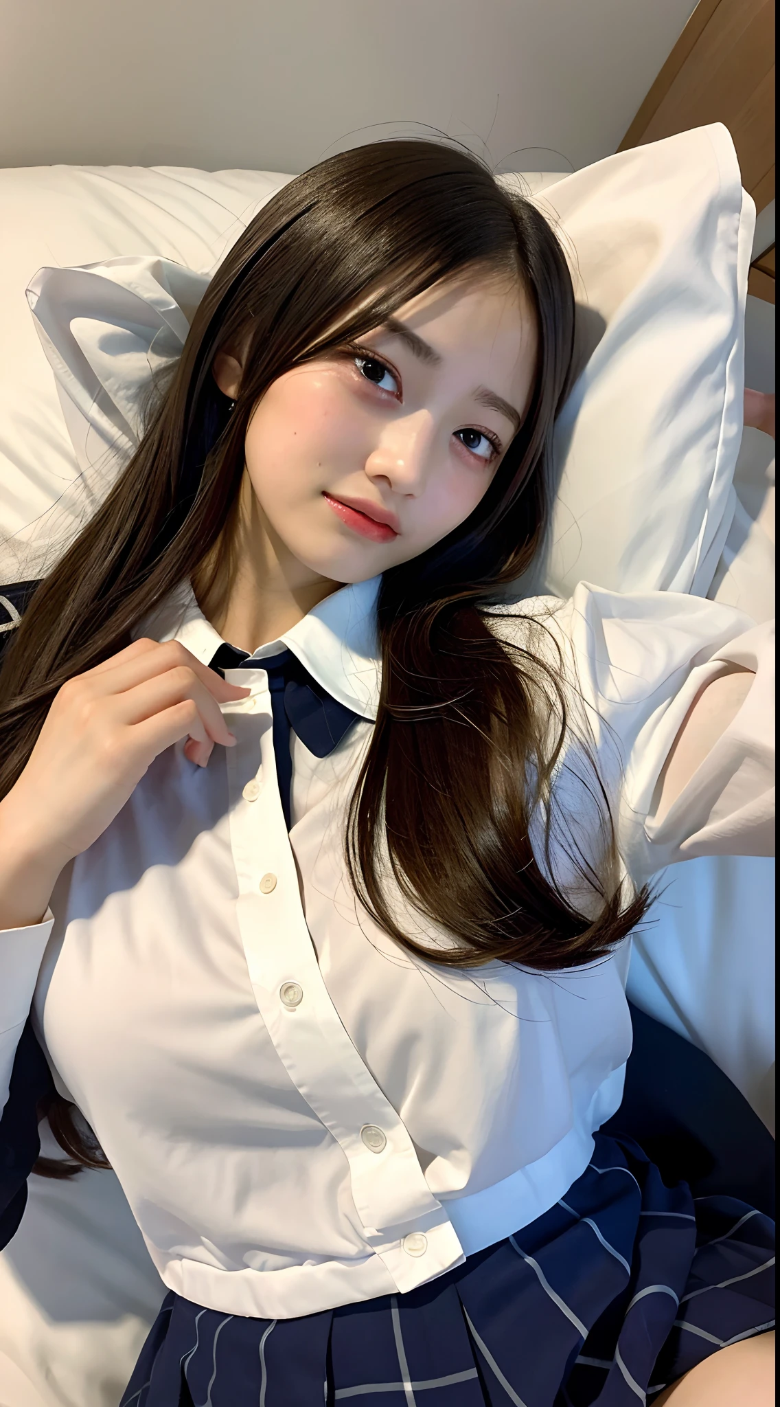 Best quality, masterpiece, ultra high res, (ecstasy:1.0), 1girl, (sobbing:1.1), in bed, DARK hair, dramatic lighting, bitch, nomal breasts, in bed, (high-school uniform:1.2), (lying:1.4) ,(face up:1.2),smile