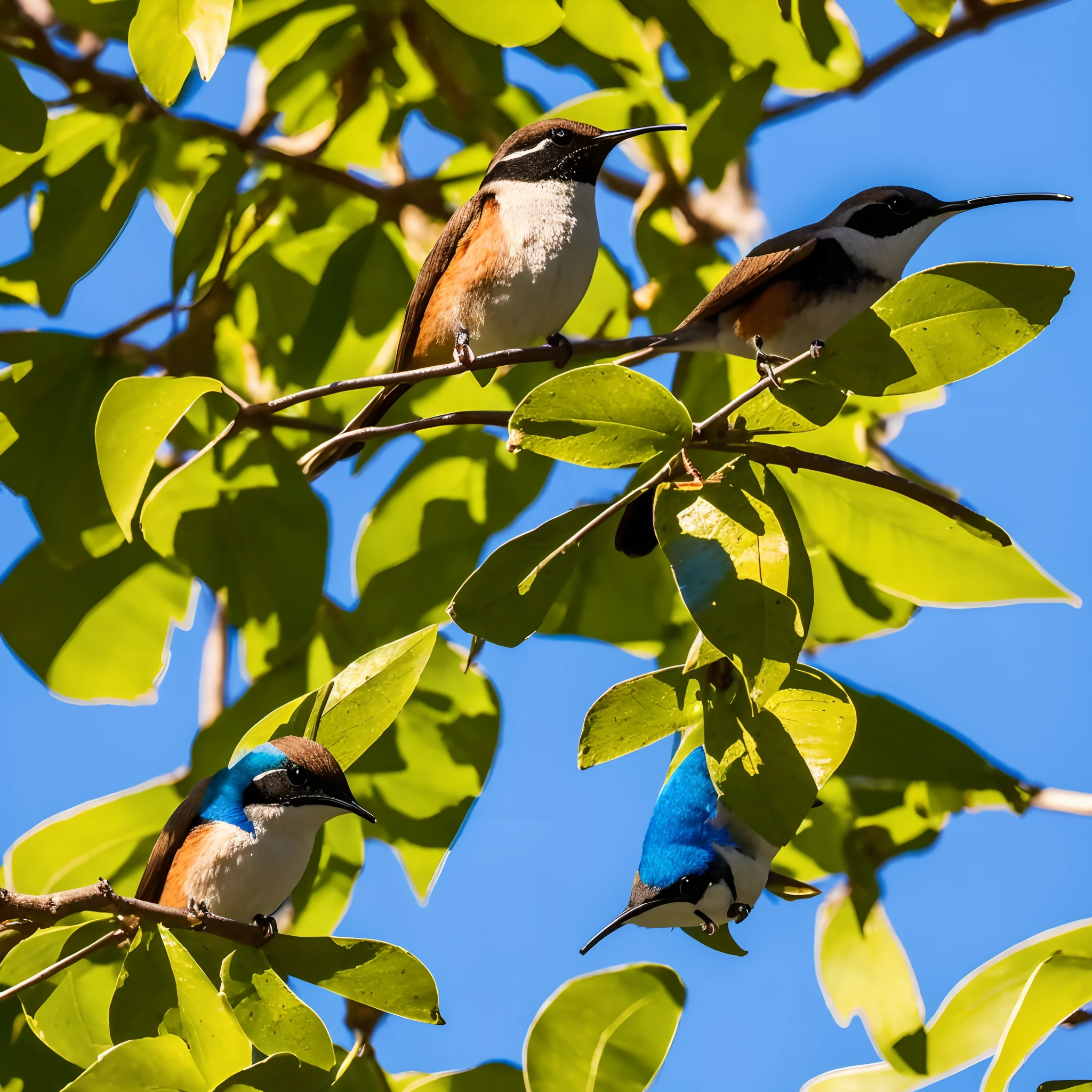 On a background of an autumnal blue sky, that conveys a sense of magic and charm, several "Colibris" of the species Oreotrochilus cyanolaemus" voa com uma linda cereja no bico, em volta de uma de 1,49 cm de altura, Novo, O colibri exibe suas penas iridescentes e coloca a cereja na boca da jovem