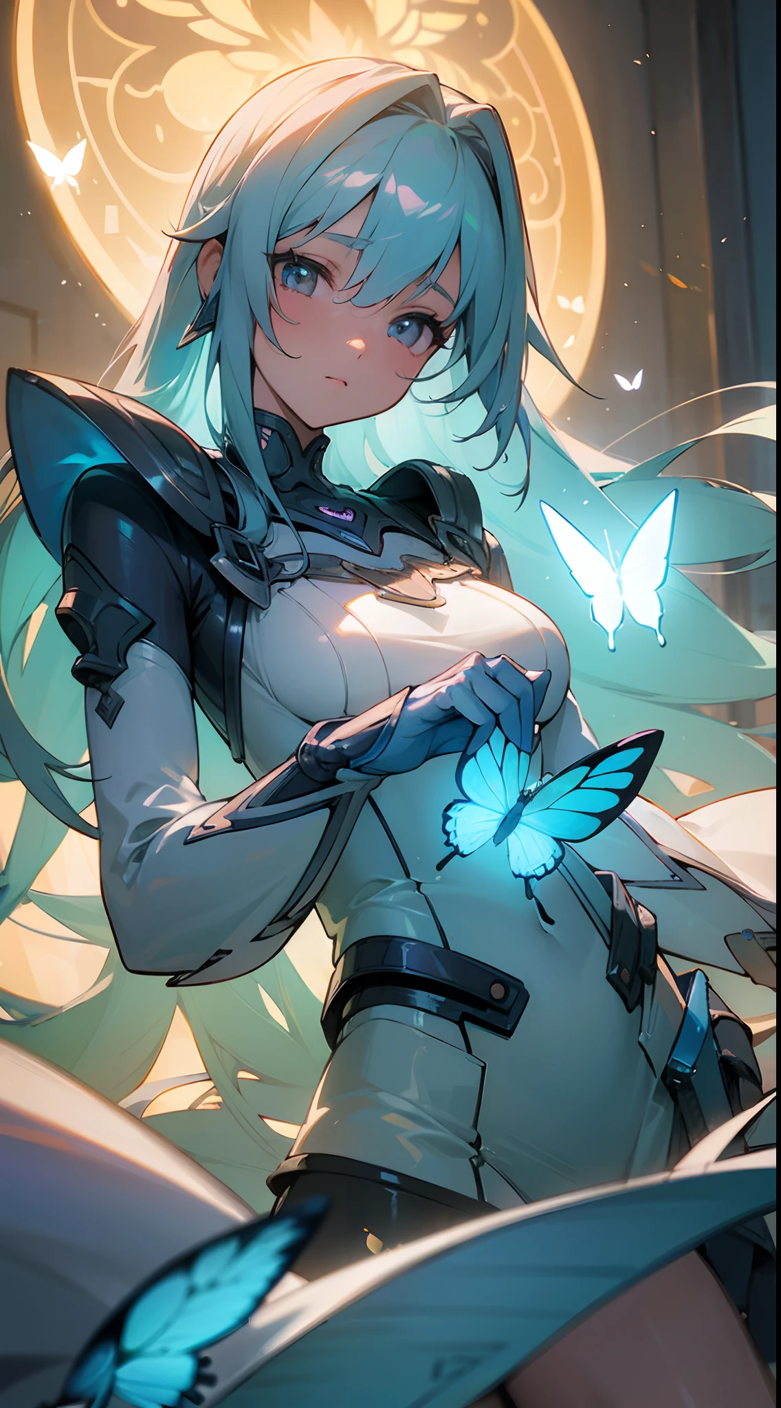 (masterpiece, best quality:1.3),beautiful detailed glow,best illuminate,(((best quality,textile shading,ultra detailed))),extremely detailed CG unity 8k wallpaper,Highly Detailed beautiful and aesthetic,best light,high resolution,detailed,dynamic lighting , 1Character , pastel washed out colors , cell shade , soft, muted shades ,gentle colors ,sword art online art style, Stunning woman , long hair , light blue hair , almond shaped eyes , surrounded by neon blue butterflies, age 24,