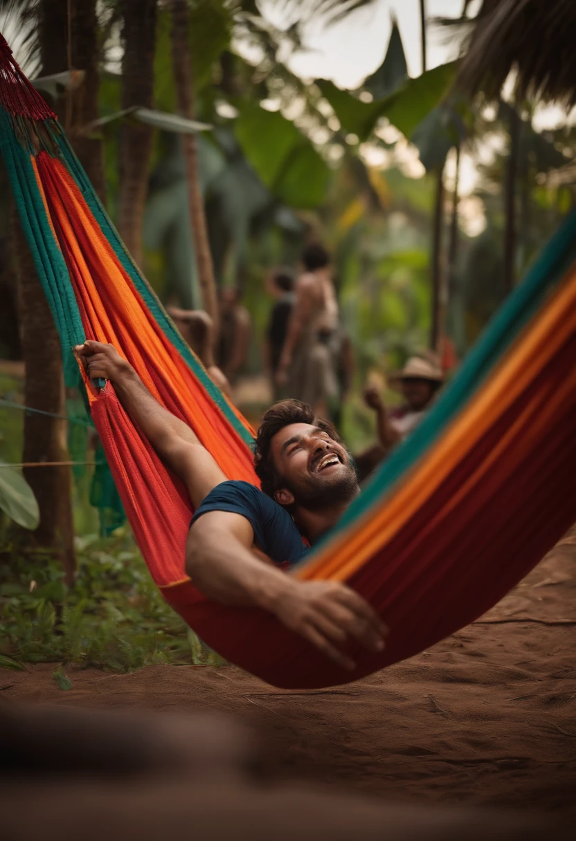 Man lying in Paraguayan hammock and people around pointing at him and shouting