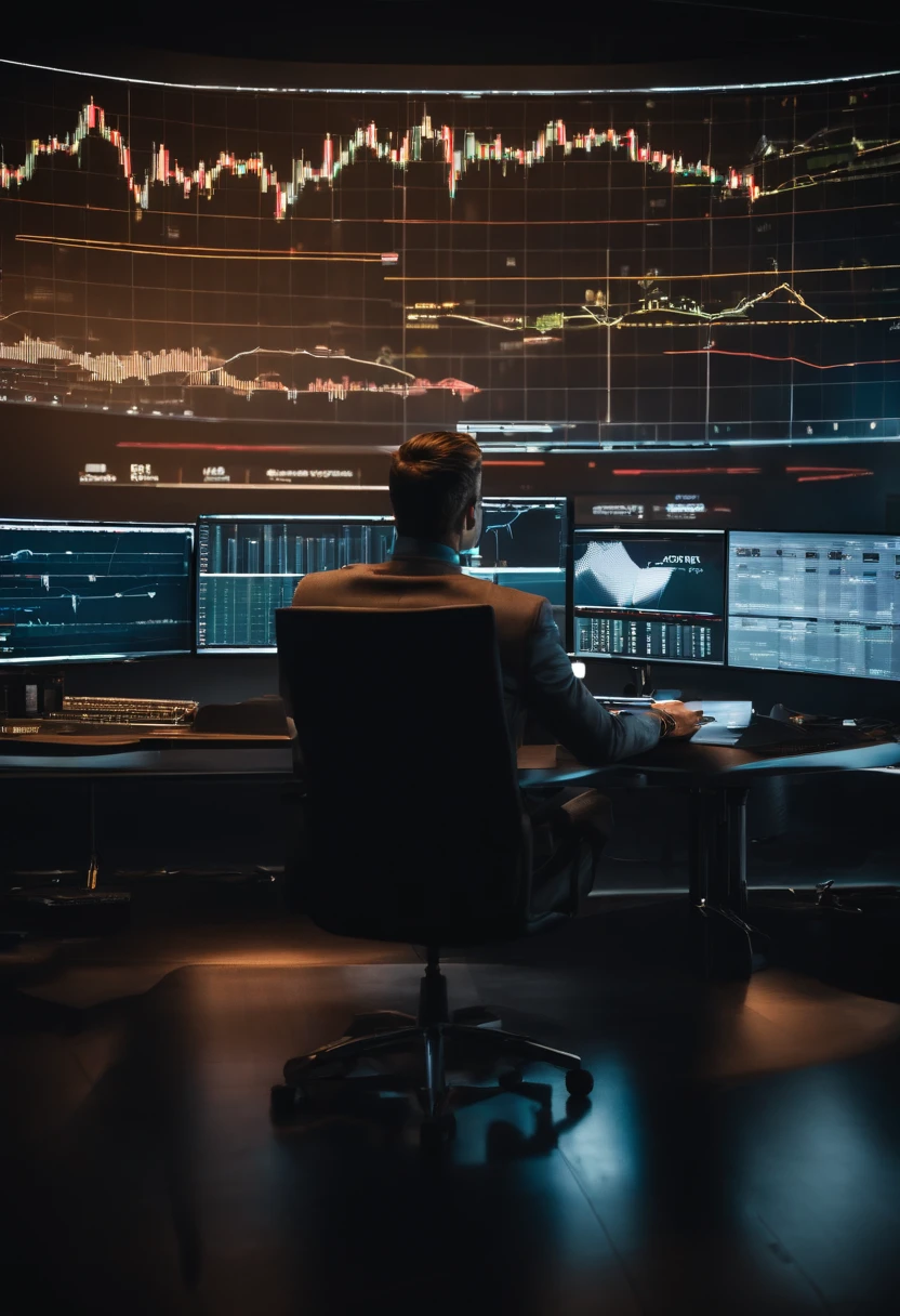 Uma imagem realista de um investidor da bola de valores em uma corretora, Surrounded by graphs and big screens with arrows indicating high, Making Investments. Photographed from a close-up angle to capture the sense of precision and curiosity.