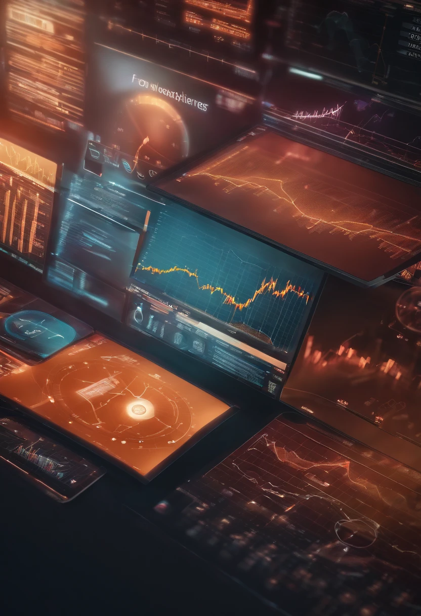 Uma imagem realista de um investidor da bola de valores em uma corretora, Surrounded by graphs and big screens with arrows indicating high, Making Investments. Photographed from a close-up angle to capture the sense of precision and curiosity.