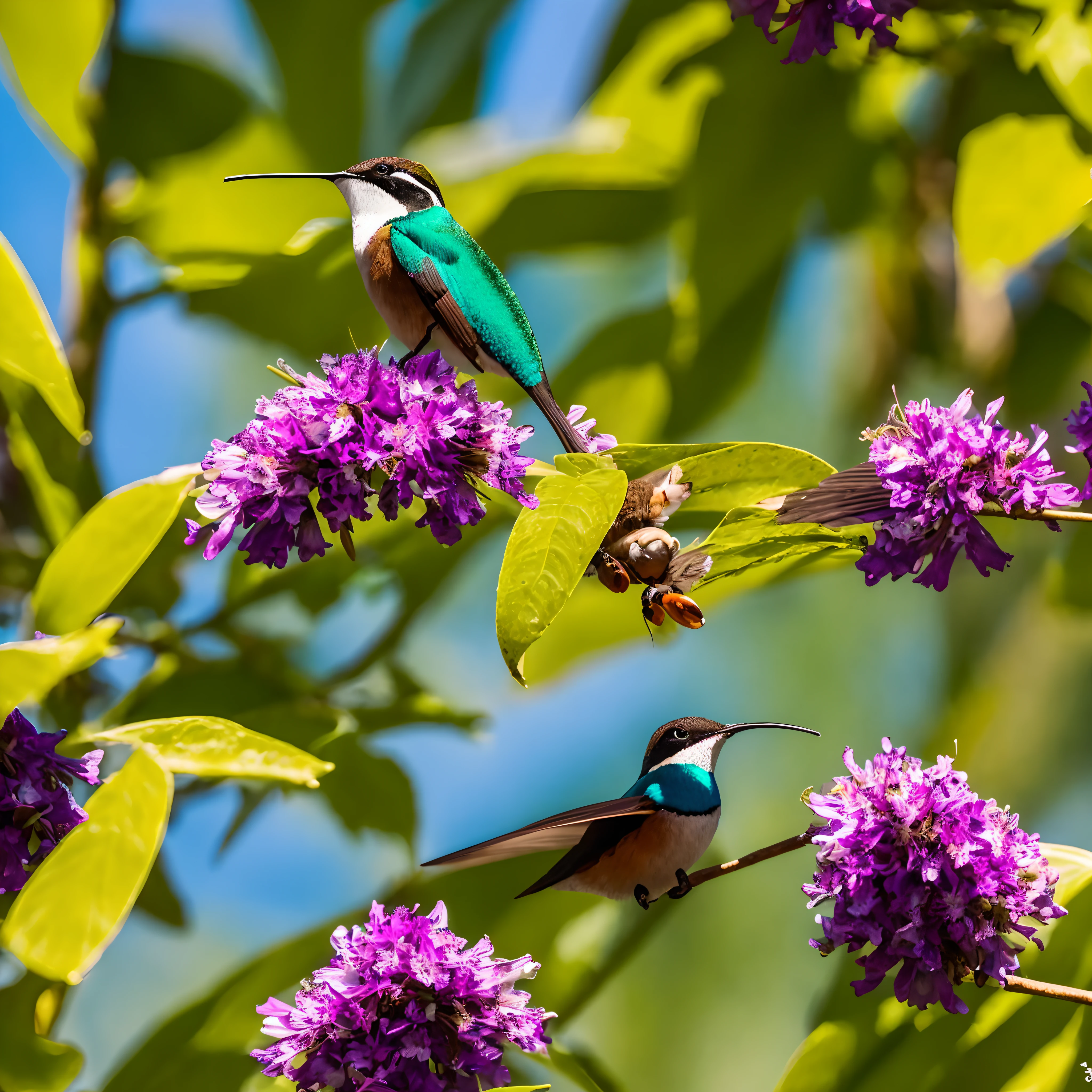 On a background of an autumnal blue sky, that conveys a sense of magic and charm, several "Colibris" of the species Oreotrochilus cyanolaemus" voa com uma linda cereja no bico, em volta de uma de 1,49 cm de altura, Novo, O colibri exibe suas penas iridescentes e coloca a cereja na boca da jovem