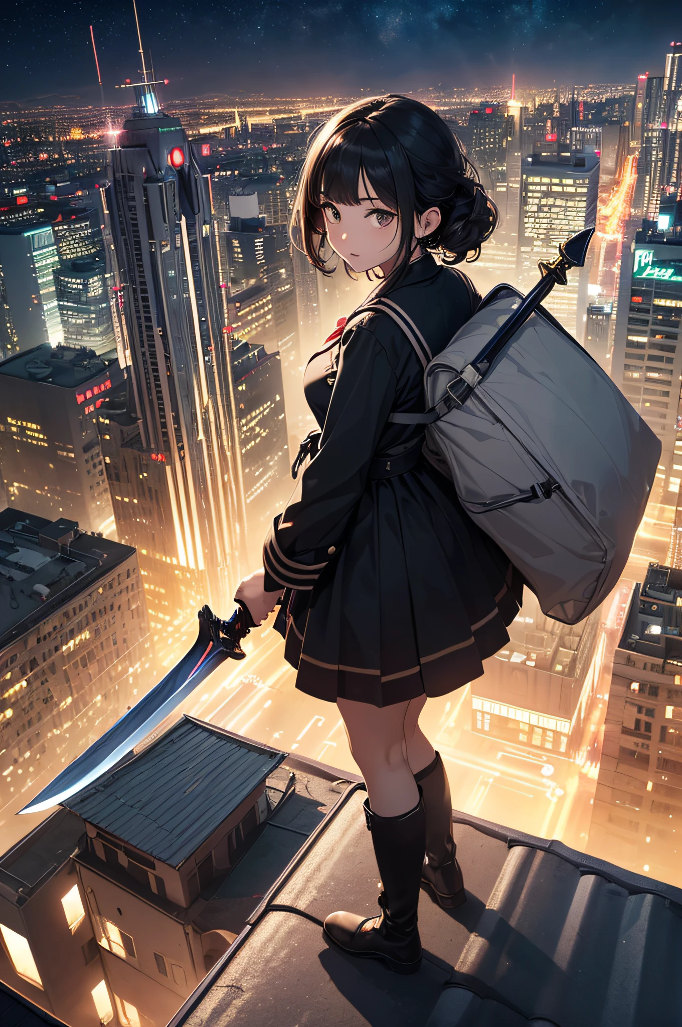 (Official art、Best Quality、Unity 8k Wallpapers、32K、masterpiece、ultra-detailliert、超A high resolution、realisitic、Photorealsitic:1.2)、(Cinematic lighting:1.2)、Fireglow effect、film grains、Best Shadows、Rim lighting、side lights、sideshot、(Ultra-detailed and complex 3D rendering)、Detailed beautiful face and eyes、Sharp pupils、Realistic pupils、A slender、1Man Woman、Medium bust、(Full body:1.2)、 Highly detailed background、beauitful face、16-year-old beautiful girl、(super detailed skin、detailed skin textures:1.3)、Black hair、Blunt bangs、Brown-eyed、a sailor suit、pleatedskirt、Black stockings、(thighs thighs thighs thighs:0.8)、Black boots、(City at night、On the roof of a building:1.4)、(Carrying a big sword on your back:1.3)、(Looking away、Overlooking the city:1.3)、plushies
