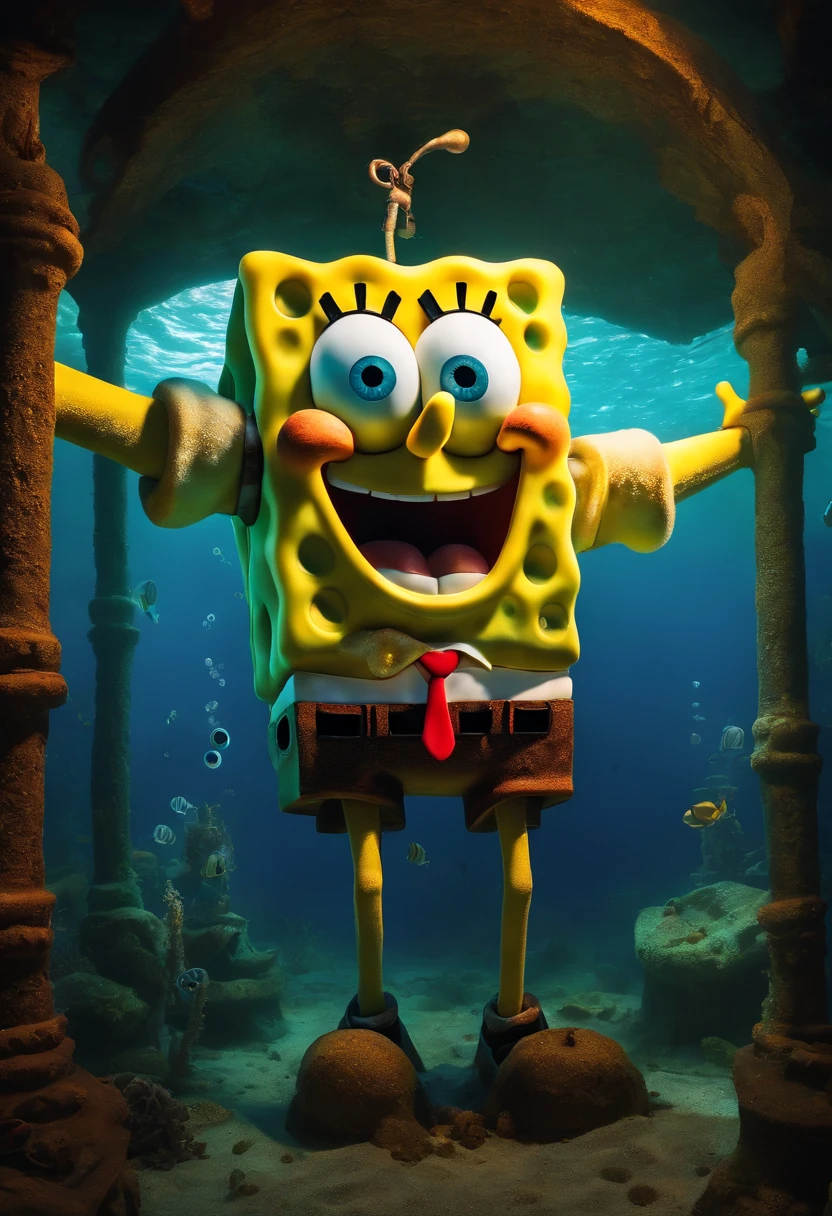 giant spongebob statue,4k, realistic, in the middle of the ocean,underwater, rusted and ruined,submechanophobia