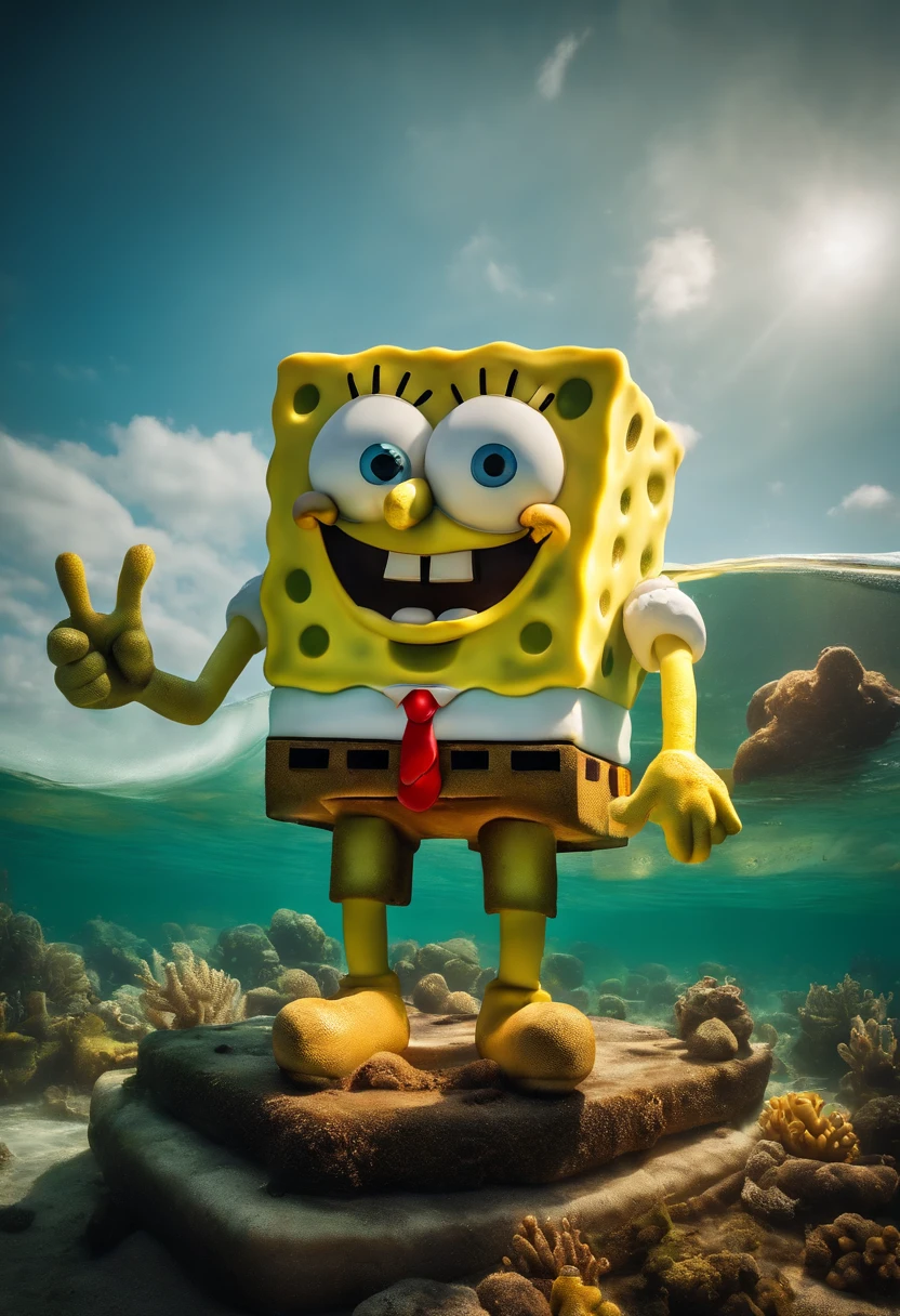 giant spongebob statue,4k, realistic, in the middle of the ocean,underwater, rusted and ruined,submechanophobia