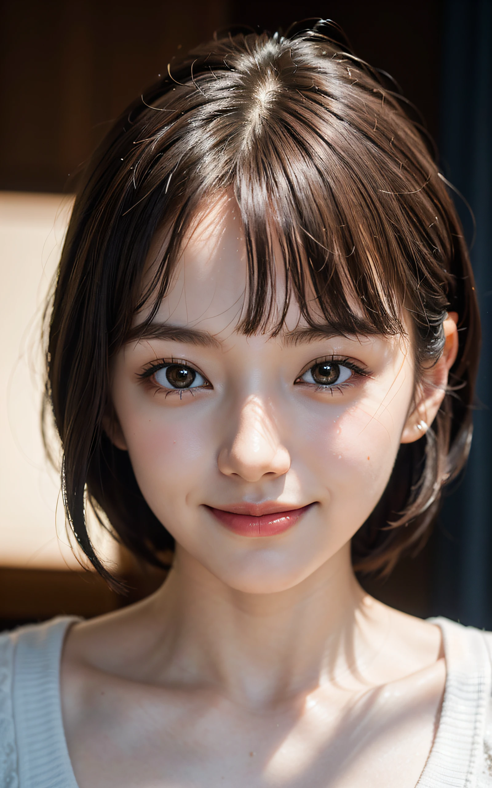 (Masterpiece:1.3), (8k, Photorealistic, RAW Photography, Best Quality: 1.4), soft light, professional lighting, 1girl,  ************, cute, neat and clean beauty, closed mouth, smile, Brown short hair, bangs,