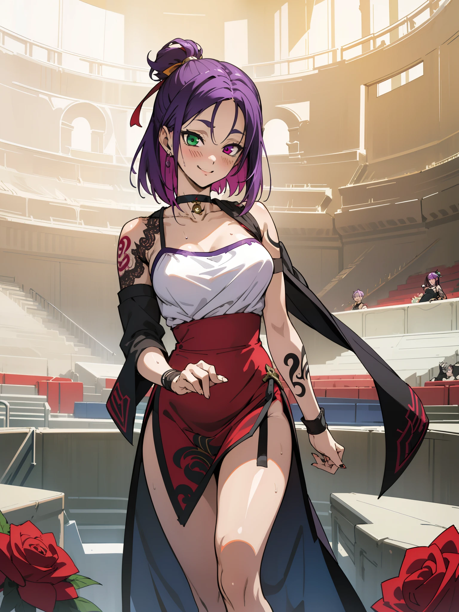 masutepiece, Best Quality, Ultra-detailed, Colorful,Up-close, Hyper-detailing,purple color hair, Ultra-realistic hair quality, Vibrant colors, Young Girl, 14years old girl, Beautiful long hair, Shiny hair, detailed hairs, Hair Ribbon, Single-sided up, Reo Mikage, Blue Lock, no sleeves, Camisole and cheongsam, Blue Camisole, cheongsam Dress, Dress, Lace dress, chinese clothes, Chest exposure, Lace underwear, Metamorphosis is exposed, buckle, Choker, Black Choker, complete fingers, Five Fingers, Two arms, Two hands, The tattoo, body tattoo, arm tattoos, Blue Rose Tattoo, Tattoo on the wrist, Tattoo on the thigh, Relative area, Sexy breasts, Big breasts, red blush, 1girl in, Solo, Sharp face, Heterochromia, Green eyes, Purple eyes, Bare neck, Happy face, Beautiful sky, shining sky, Roman Colosseum, Ancient Roman Arena roman colosseum stage, stand on stage.