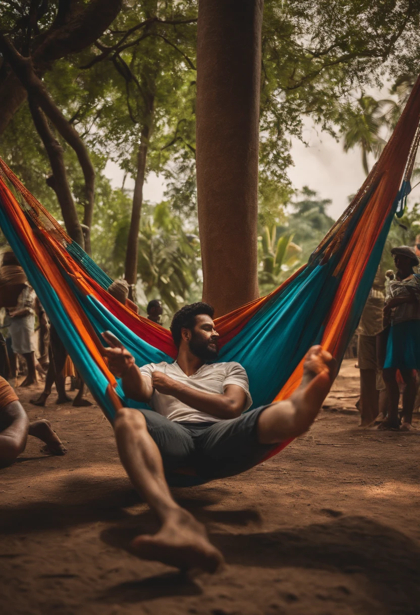Panoramic image of man lying in a Paraguayan hammock with people around pointing at him and protesting