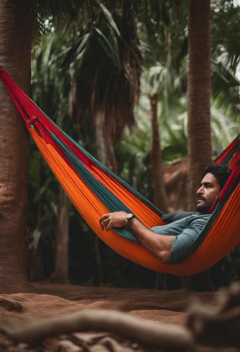 Panoramic image of man lying in a Paraguayan hammock with people around pointing at him and protesting