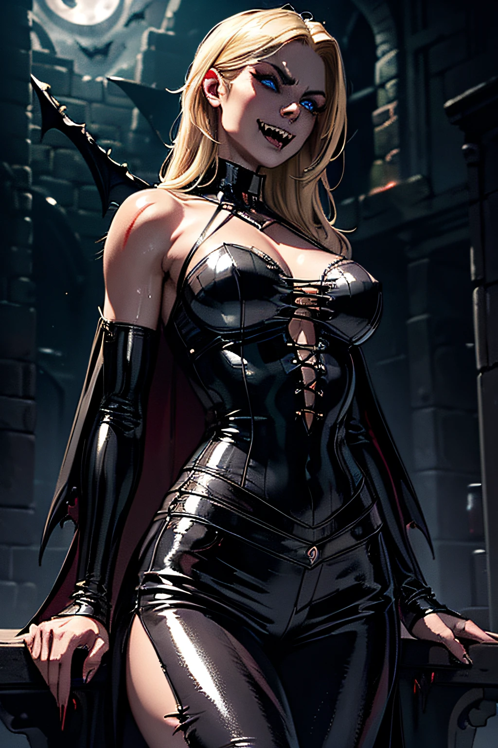 (best quality,ultra-detailed,realistic:1.37), dark and gothic atmosphere, eerie lighting, (((fangs glistening in the moonlight:1.4))), seductive and mysterious expression, bright blue eyes, blonde hair, halter top, leather pants, blood on clothes, blood on body, pale complexion, flowing cape, burning city in the background, bats flying in the sky, dark red color palette, chilling and dramatic ambiance, hauntingly beautiful. gta 6 style,