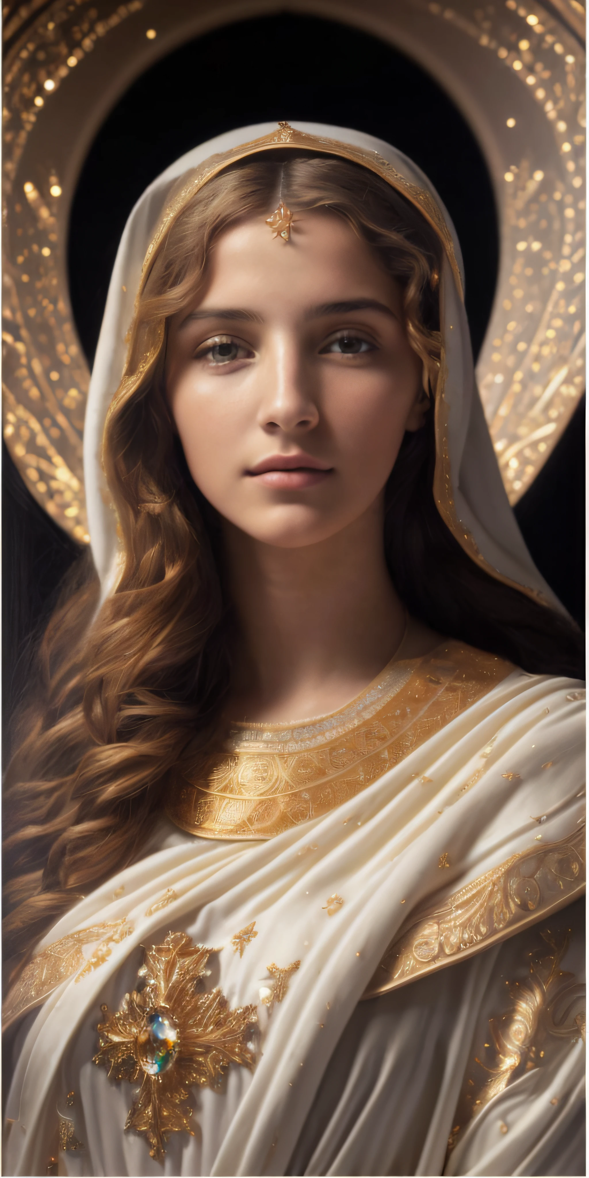 (((Blessed Virgin Mary. 19 years old, morena))) (((IMAGEN VINTAGE RETRO))) ((( Con una cara seria y piadosa. Con una mirada dulce y tierna))) (obra maestra, calidad superior, mejor calidad, arte oficial, beautiful and aesthetic: 1.2), (1girl), extremadamente detallado, (Arte fractal: 1.3), colorido, highest detailed, Cara perfecta, parte superior del cuerpo, HDR, (orando: 1.3), (golden lines of white coat: 1.2), galaxia, (rayas de luz), eye-catching visuals, (dynamic stripes, senderos luminosos: 1.2), colores vibrantes,