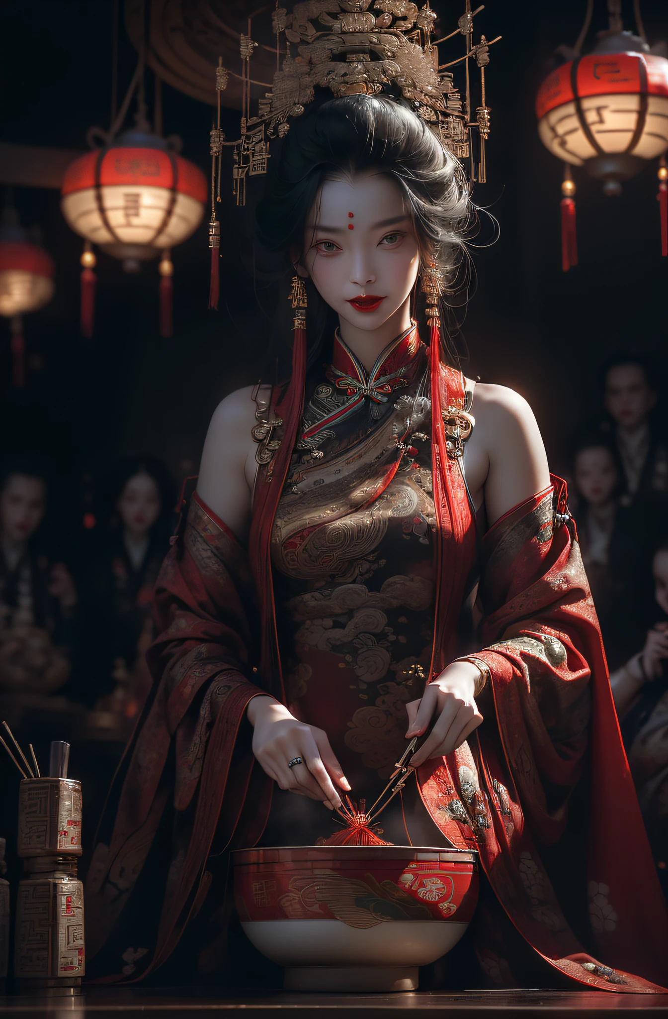 (dramatic, gritty, intense:1.4),masterpiece, best quality, 8k, insane details, intricate details, hyperdetailed, hyper quality, high detail, ultra detailed, (Dynamic Angle:1.5),(wide-angle lens,Panoramic:1.2),
cyberpunkDepth of field,(chinese style architecture),((cyberpunk city)), (light pollution), rainy night, (wet), (((cropped shoulders))), (cyberpunk), science fiction, workshop,
((shiny skin)), {Extremely Delicate Beautiful},
Chinese style clothes,Chinese Han clothing,White and blue Taoist robe, (colored china dress), (hybrid), messy_hair, multicolored hair, (colored tips), shiny hair,
((exoskeleton)), (mechanical joints), (mechanical parts), ((internal structure)), (detailed structure),  hair rings, mechanical internal structure, delicate internal structure,
(cables), (wires), (pistons), electricity, (glowing orbs), (luminous engine), energy cannon, (energy core), (cables connected to body), (wire connected to body), (robotic arms), ((Electronic collar)),3d, 3d render, ray tracing,
(1 group of women in qipao, eating Hot pot:1.4), heterochromia(sitting around a round table:1.2), in a traditional noodle restaurant, (chopsticks:1.5) in hand, slurping noodles, (smiling and chatting:1.2), (red lipstick:1.1), (long hair:1.1) styled in classic Chinese fashion, (floral patterns:1.2) on their qipao dresses, brightly colored, (steaming bowls of noodles:1.4) on the table, with chopsticks and soup spoons beside them, (traditional decorations:1.1) on the walls, such as lanterns and calligraphy(cyber screen frame:1.3),(cyberpunk Colorless goggles:1.2),
1 large round table, filled with vegetables and food, (abundant variety:1.3), colorful display of fresh produce, (vibrant fruits:1.2), (leafy greens:1.1), (crisp vegetables:1.1), (juicy berries:1.2), (aromatic herbs:1.1), (grains and legumes:1.1), (assorted nuts and seeds:1.2), (delicious pastries:1.3), (mouth-watering desserts:1.2), (appetizing dishes:1.1), (platters of salads:1.2), (bowls of soups:1.1), (plates of roaste