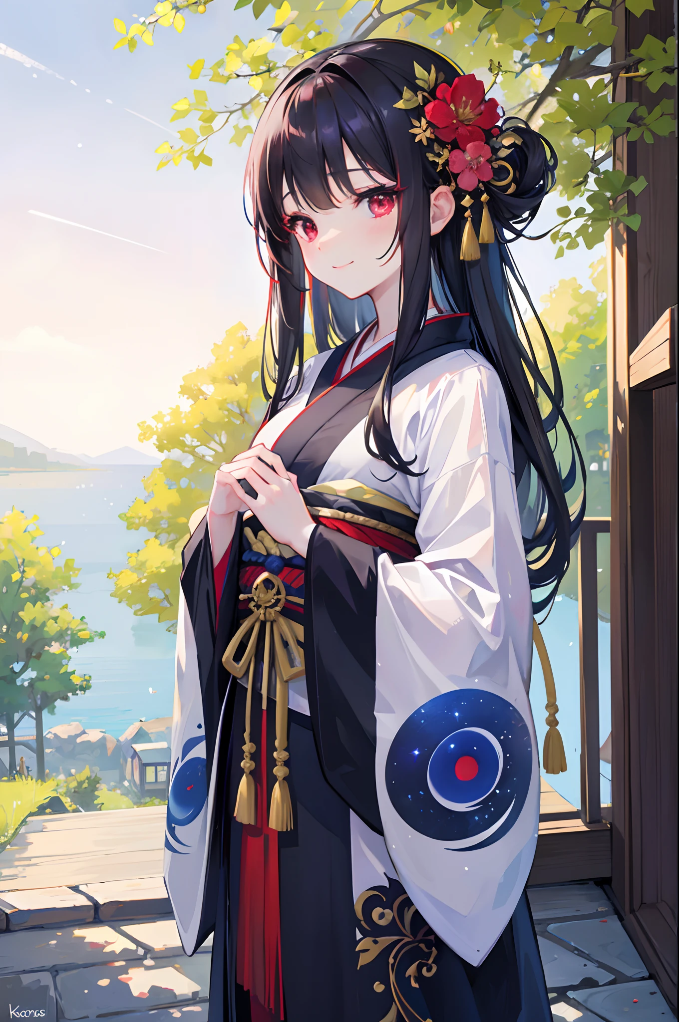 red eyes、A dark-haired、Kimono in tricolor color、18 only、natta、a moon、 A hyper-realistic, 8K, Extremely detailed, in the best quality,Avoluptuous breasts、cute smile face、A hyper-realistic, 8K, Extremely detailed, in the best quality,A Crystal clear luster、Shining stars、kosmos、nighttime scene、dye one's cheeks red、