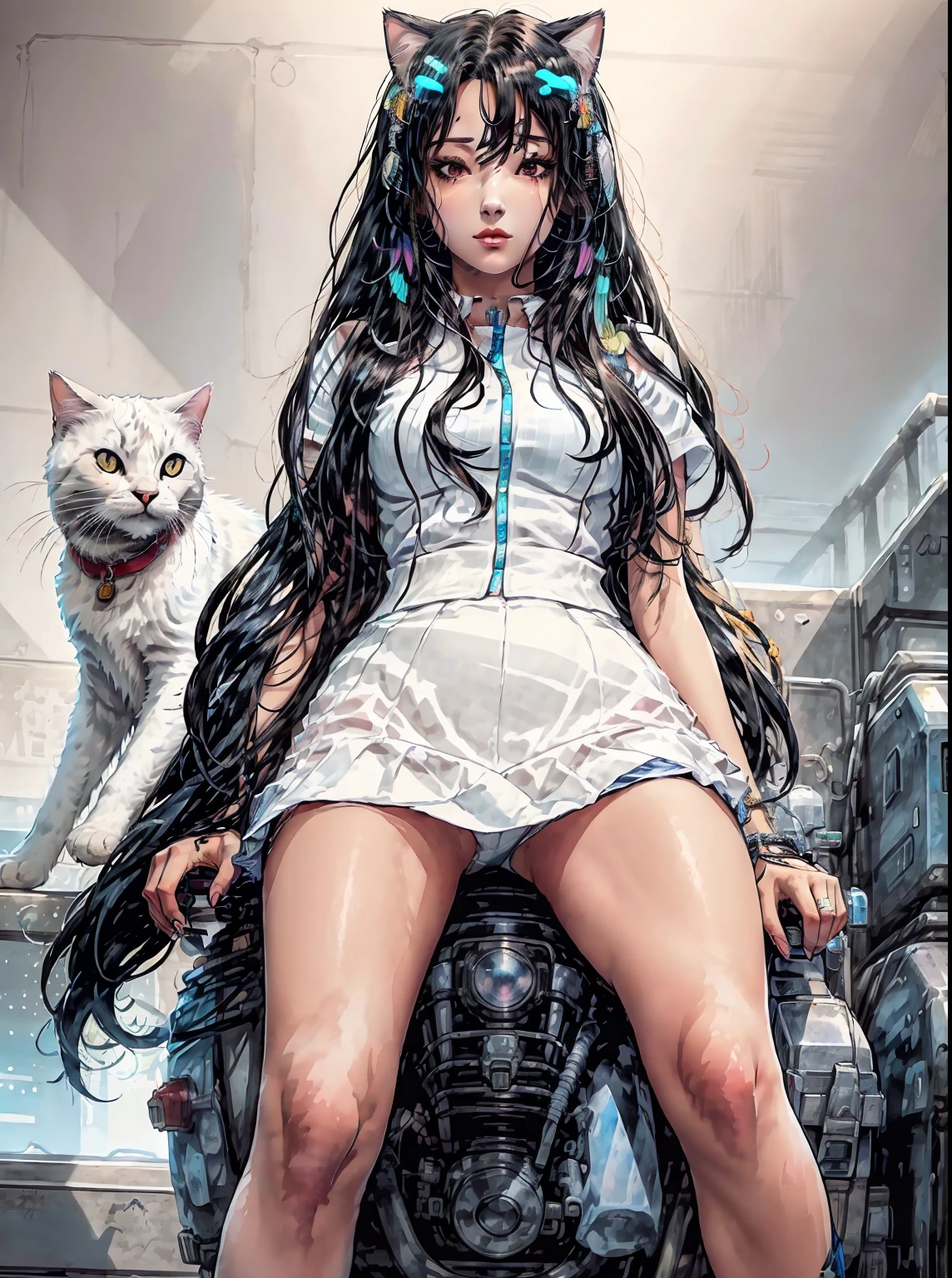 there is a woman in a short skirt posing in a room, seductive anime girl, white cat girl, advanced digital anime art, cyberpunk anime girl, anime barbie in white stockings, cute cyborg girl, digital cyberpunk anime art, anime cyberpunk art, digital cyberpunk - anime art, digital advanced anime art, attractive cat girl, anime style 4 k, very beautiful anime cat girl, riding with cat, riding with cat