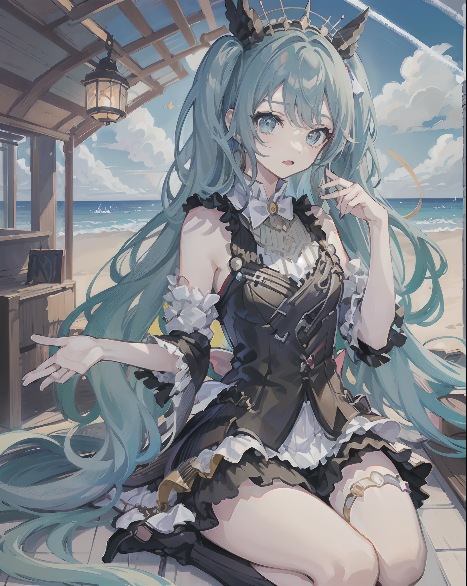 ((best quality)),Dress，crown， Jewelry Packaging)),((1 Obese girl))From below，sea，boat，Open your mouth and laugh，Cross your legs，Purple hair，Platform shoes，Sleeping on the deck，luxury，((Gloves))，（Nikolai Fehin），( Fisher, )，The background is a ship，luxury，drinks，Lace-up high heels