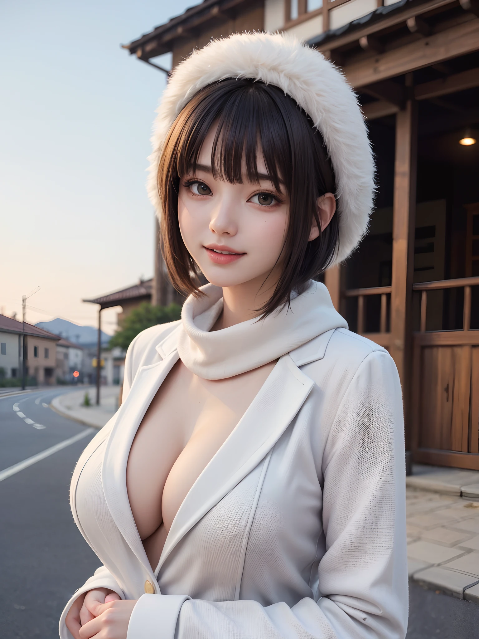 (masterpiece, top-quality、Very attractive adult beauty、Add intense highlights to the eyes),1girl in, 独奏, A dark-haired, scarf, Hats,, realisitic, looking at the viewers, black eyes of light color, shorth hair, coat, Winter clothes, White headscarf, s lips, lipgloss,bangss,, a closed mouth, The upper part of the body、big eye、Lashes)、((Road system in Italy))、((Shorthair with bangs、big eye、Put very strong highlights in your students、very Bigger breasts、gazing at viewer、Very beautiful beauty、Put your ears out、long neck、little smiling、Beautiful teeth、Open your mouth and smile))、28 year old、Very cute supermodel