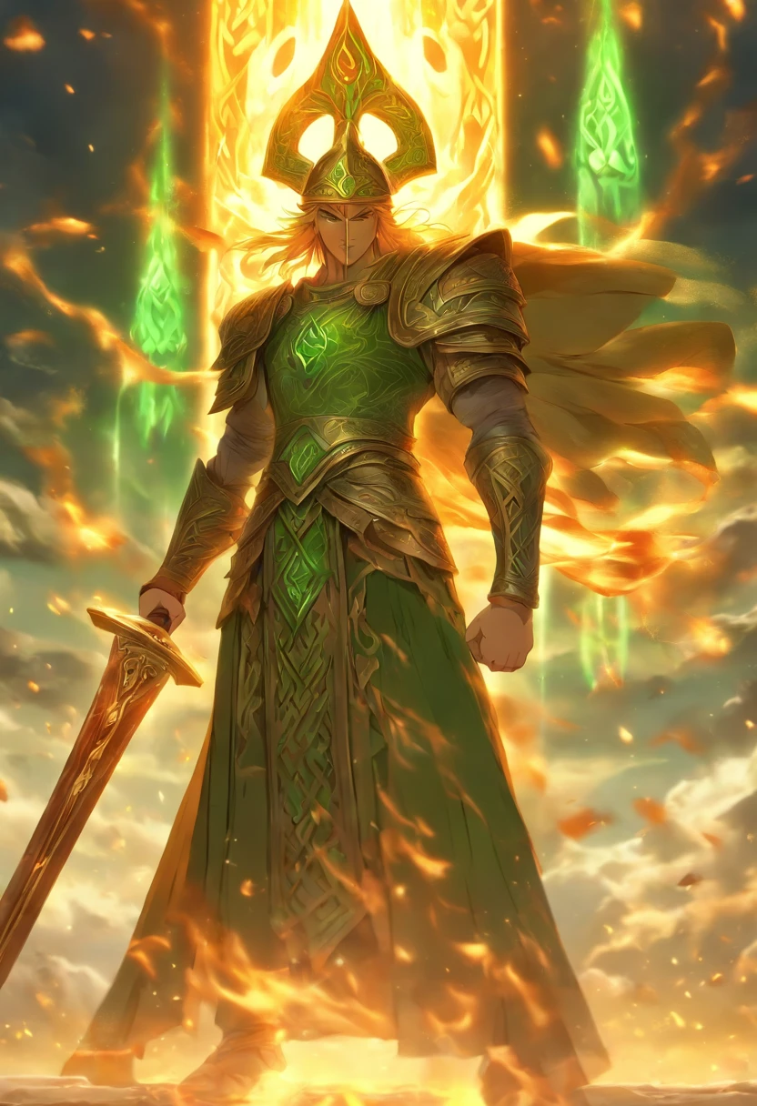 (((Lugh))) best quality, ultra-high resolution, 4K detailed CG, masterpiece, Celtic God, spear, magic spear, Celtic clothing, Celtic mythology, ((Spear in hand)) , Celtic image, aesthetic , centered on the screen