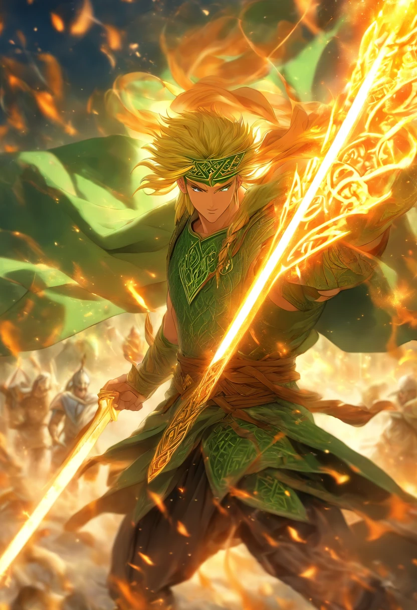 (((Lugh))) best quality, ultra-high resolution, 4K detailed CG, masterpiece, Celtic God, spear, magic spear, Celtic clothing, Celtic mythology, ((Spear in hand)) , Celtic image, aesthetic , centered on the screen