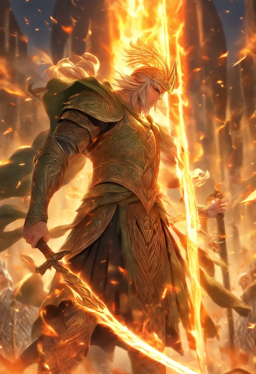 (((Lugh))) best quality, ultra-high resolution, 4K detailed CG, masterpiece, Celtic God, spear, magic spear, Celtic clothing, Celtic mythology, ((Spear in hand)) , Celtic image, aesthetic , centered on the screen