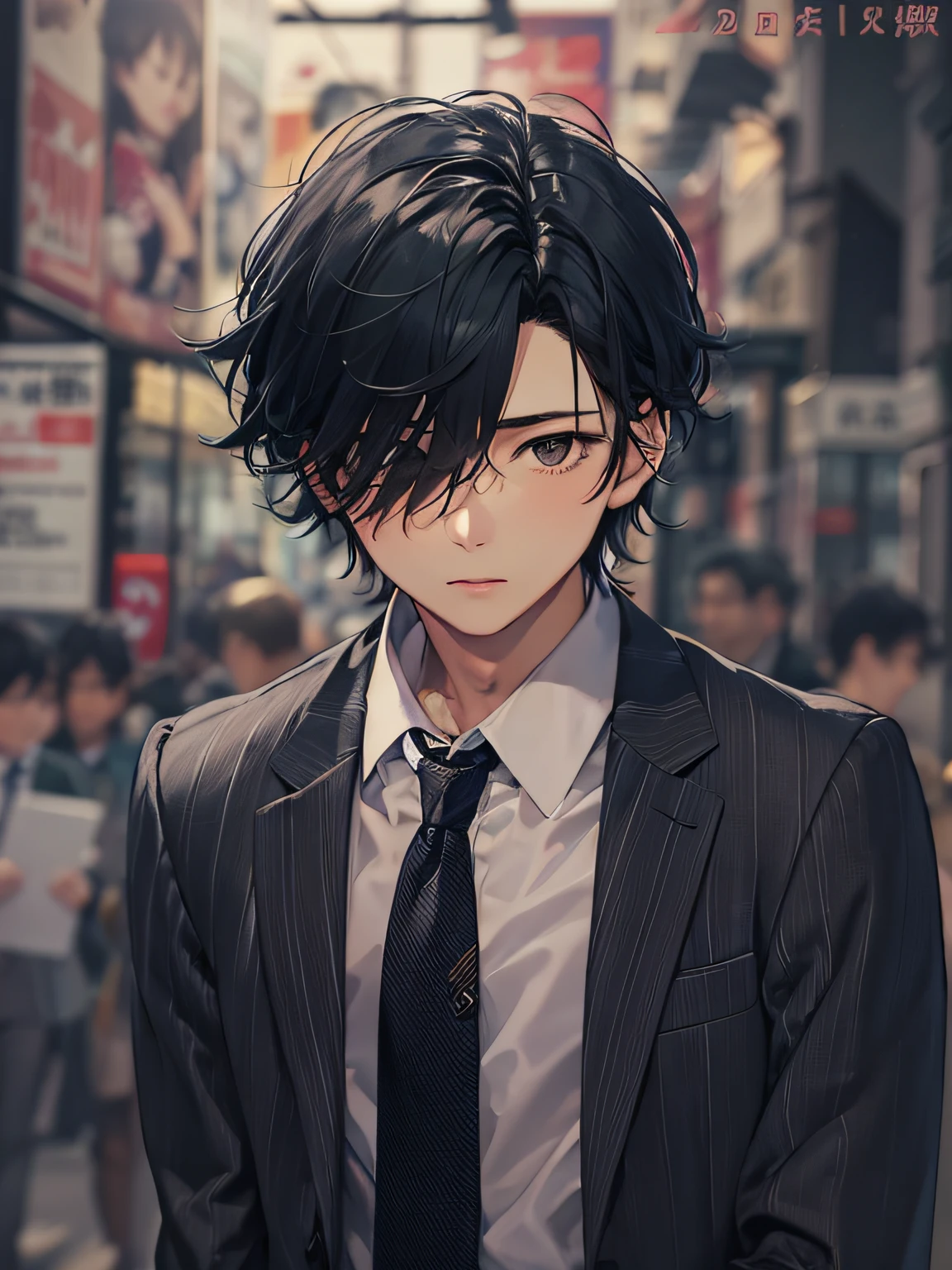20 year old black hair man、suits、I'm in trouble、Alone、up of face
