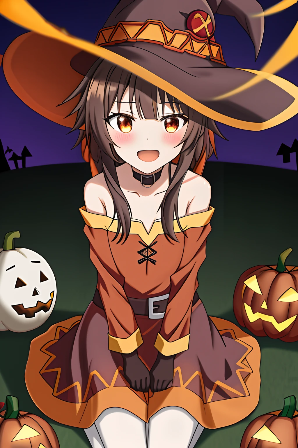 megumin version halloween, fiesta de halloween,sombrero de calabaza, calabazas,disfraz de halloween