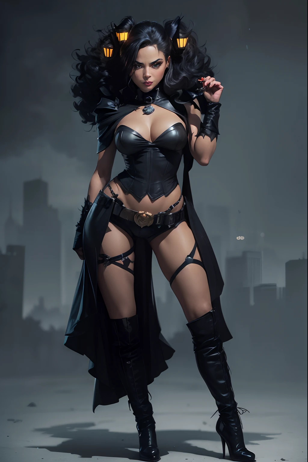 “Explore the dark and gritty streets of Gotham City as Batwoman, the caped crusader, in a stunning noir-style rendering that captures the brooding atmosphere of the city.”to futuristic.”" In a Halloween costume": Hand drawn in the style of sketchbook: Full body of a beautiful Latin prostituée woman, with a sly smile, with cornrow hair, in attractive epic S&M costume, in provocative and scandalous pose. Extreme high healed and long boots, miniature leather garment, heavy belt, collar, half mask. Establishing POV shot. Splash art. Cartoon style caricature. Halloween scene, Halloween atmosphere.