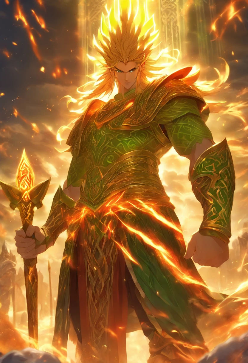 (((Lugh))) best quality, ultra-high resolution, 4K detailed CG, masterpiece,Celtic God,spear, ,Celtic clothing,Celtic mythology, ((Spear in hand)) , Celtic image, aesthetic, centered on the screen